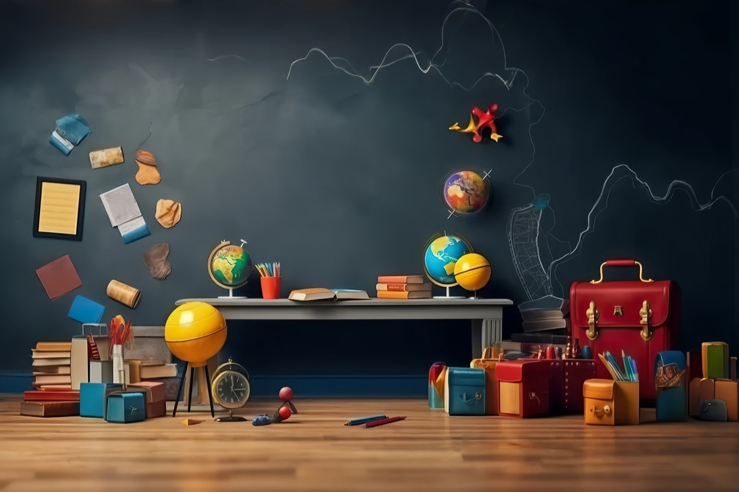 Toile de fond Numérique Rentrée des Classes Tableau Noir Globe Éducatif GQ3-125