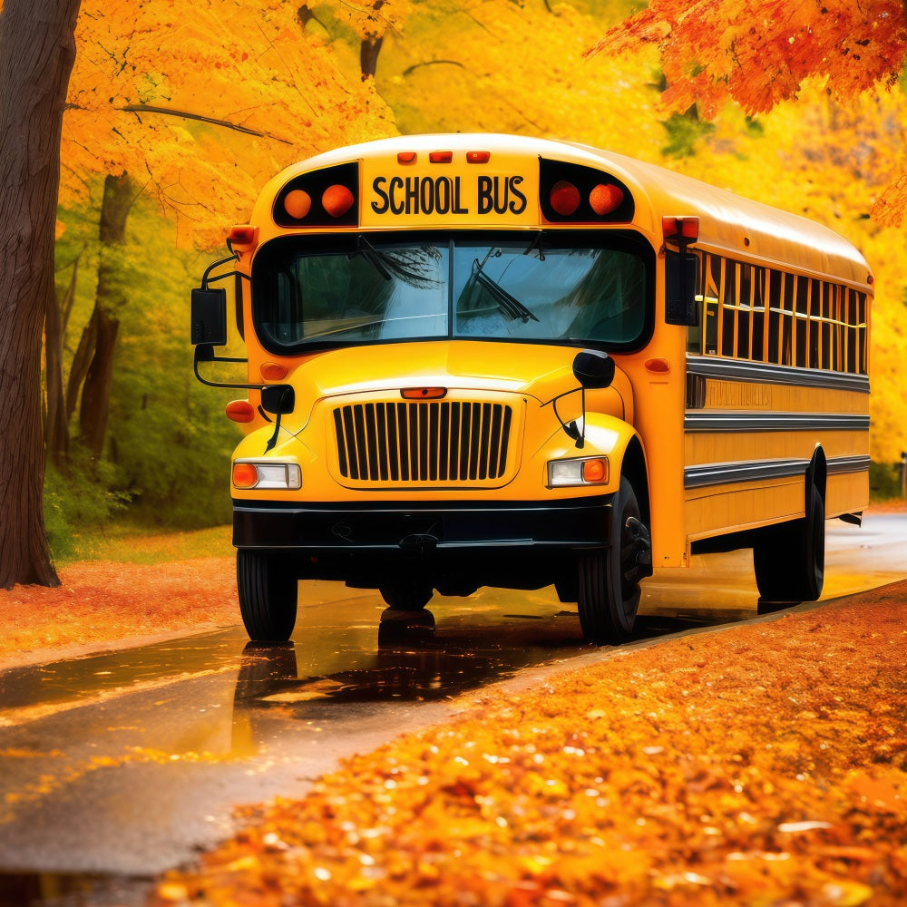 Toile de fond Photographie Rentrée des Classes Feuilles d'Automne Bus Scolaire GQ3-128