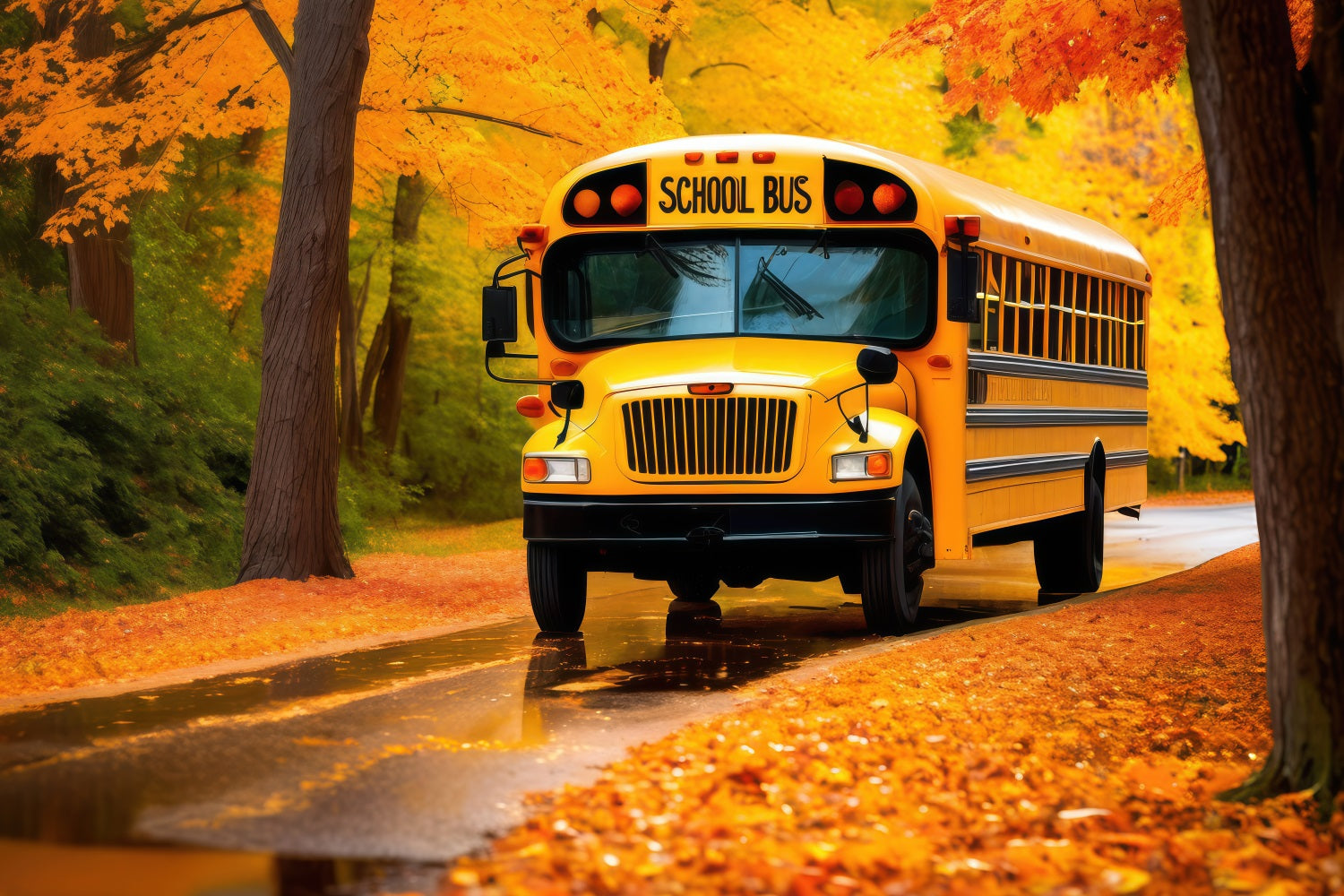 Toile de fond Photographie Rentrée des Classes Feuilles d'Automne Bus Scolaire GQ3-128