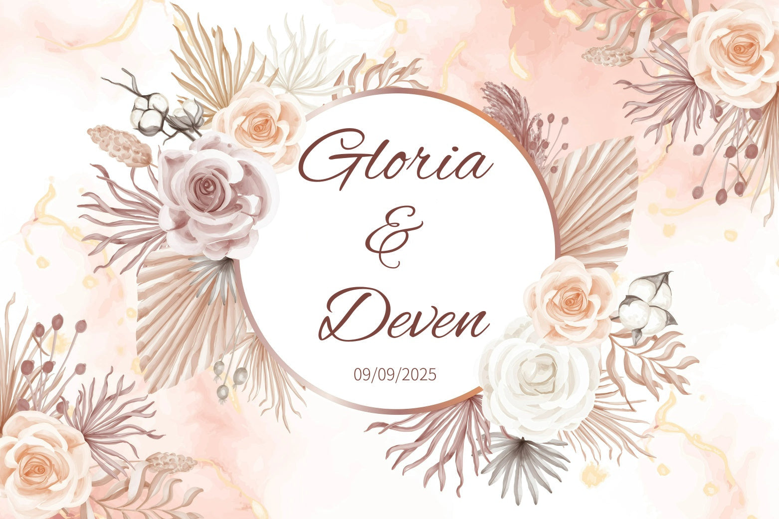 Toile de fond Mariage Personnalisable Fleurs Neutres Rustiques GQ3-225
