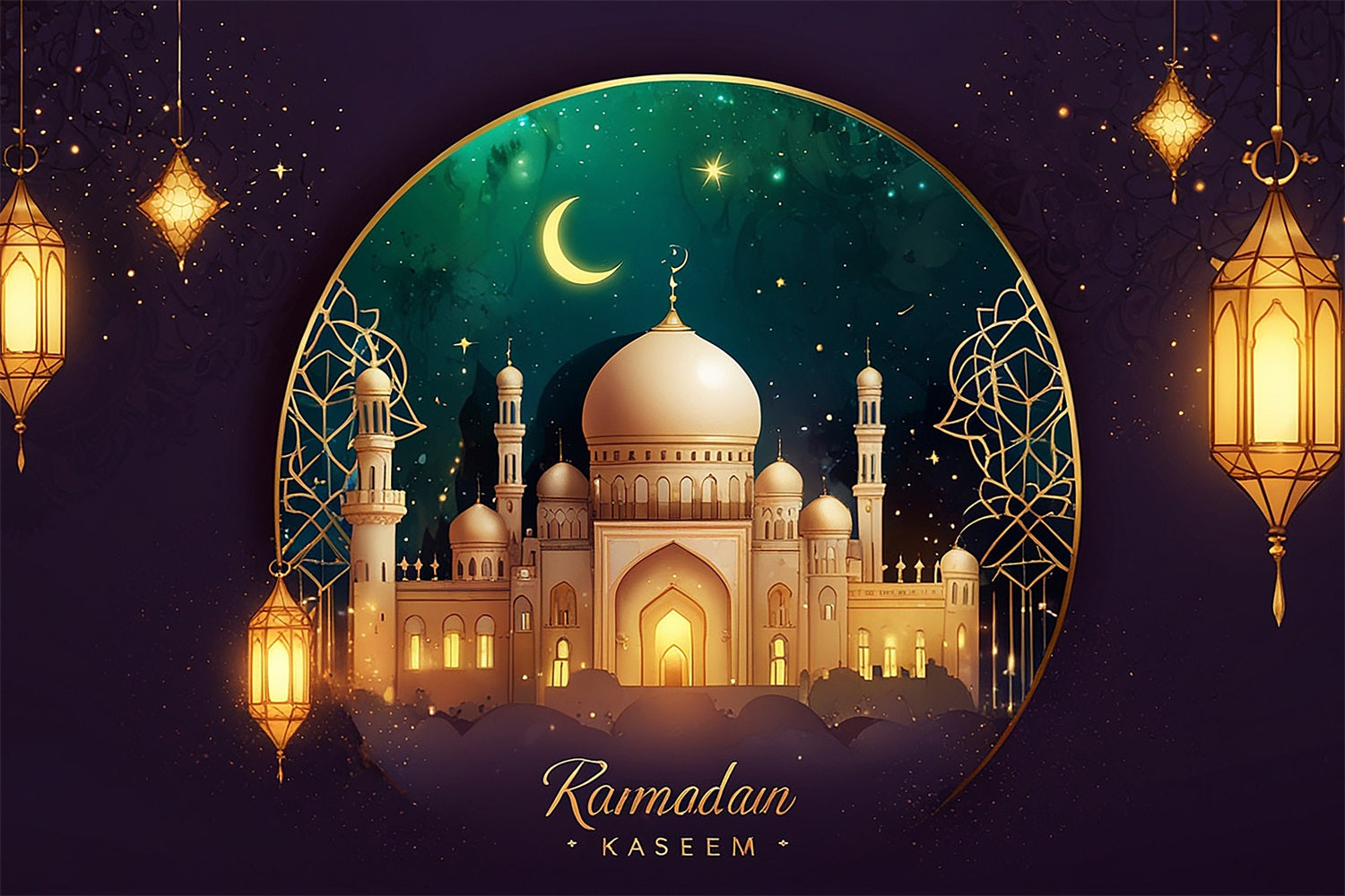 Toile de fond Ramadan Croissant Cadre Doré Mosquée GQ3-28