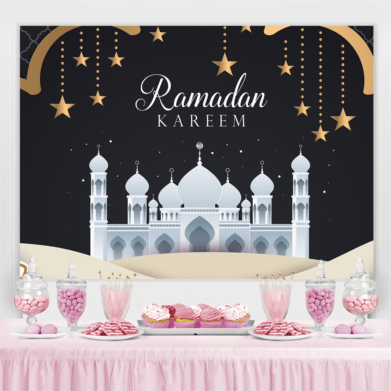 Toile de fond Ramadan Mubarak Mosquée Blanche Nuit GQ3-40
