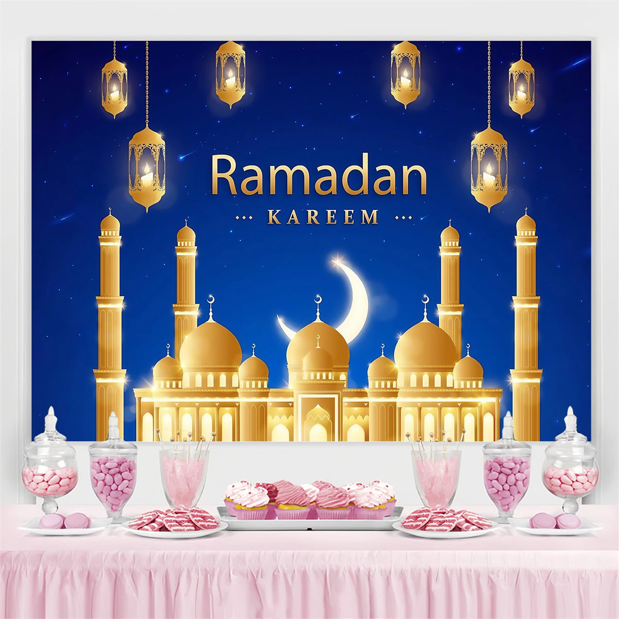 Toile de fond Ramadan Mosquée Majestueuse Dorée Lanternes GQ3-42