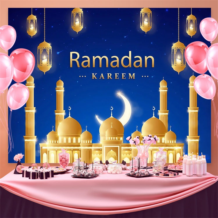Toile de fond Ramadan Mosquée Majestueuse Dorée Lanternes GQ3-42