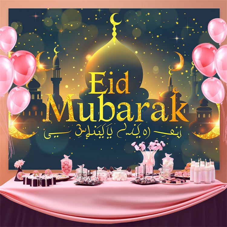 Toile de fond Eid Mubarak Croissant Lumineux Mosquée Dorée GQ3-82