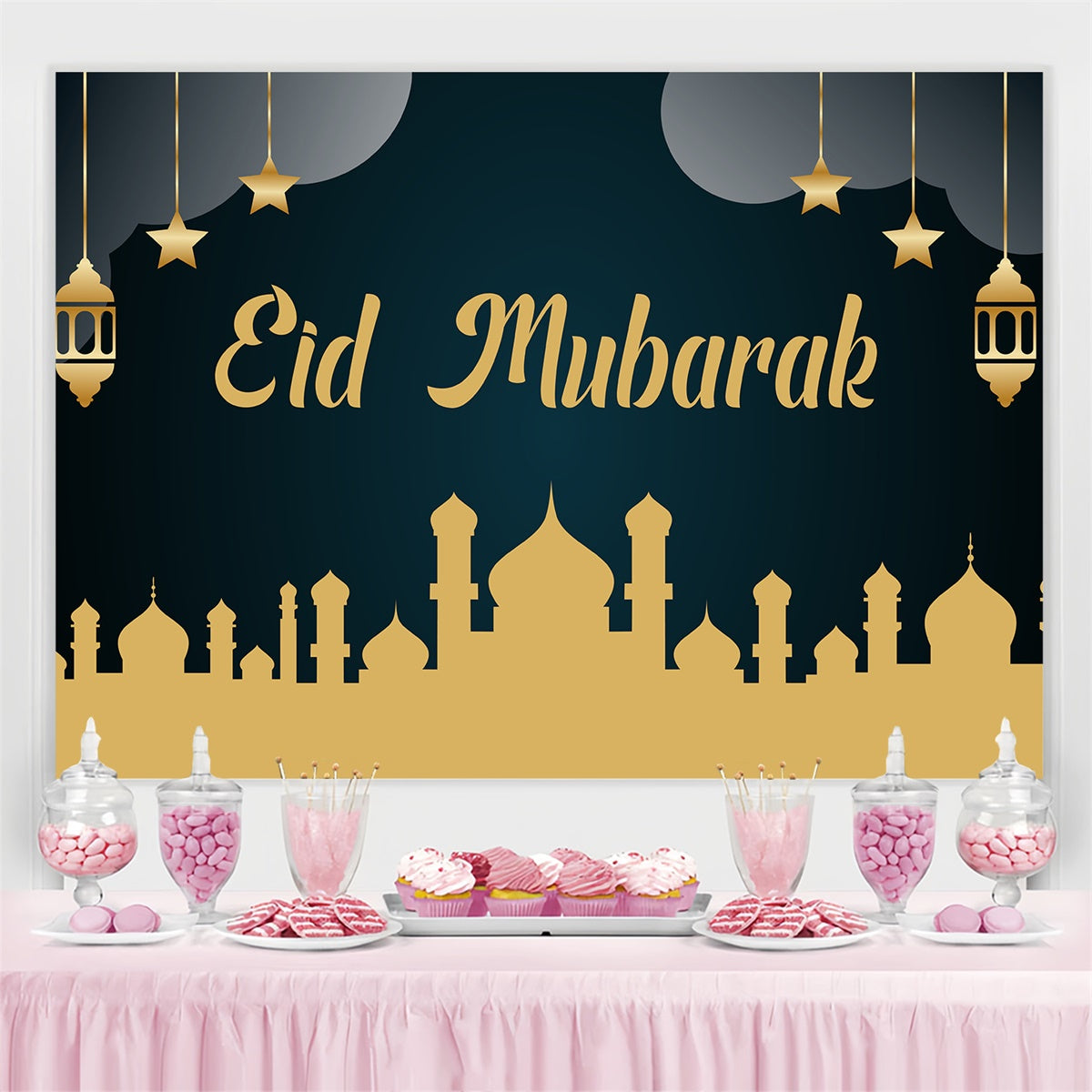 Toile de fond Eid Mubarak Silhouette de Mosquée Dorée Eid GQ3-90
