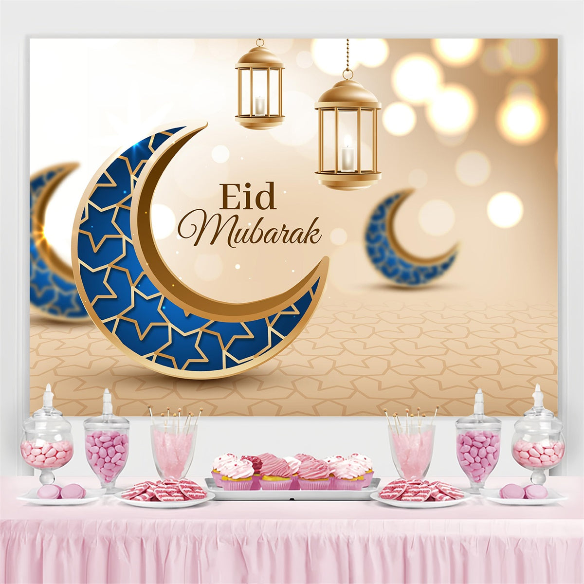 Toile de fond Eid Mubarak Style Arabe Bleu Doré Croissant GQ3-98