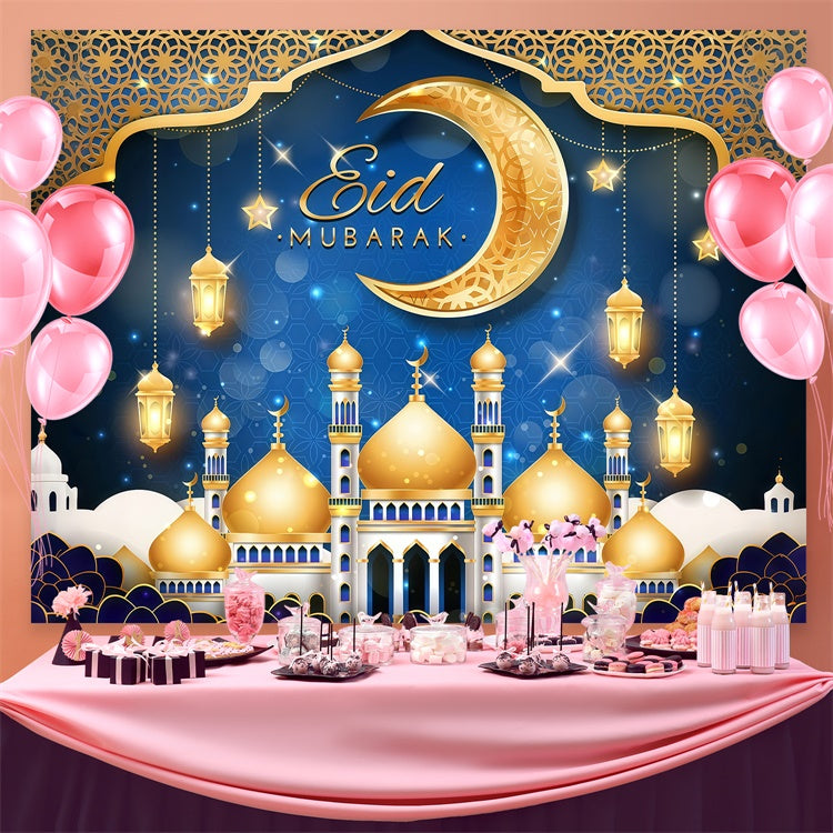 Toile de fond Eid Mubarak Mosquée Majestueuse Dorée Festive GQ3-99