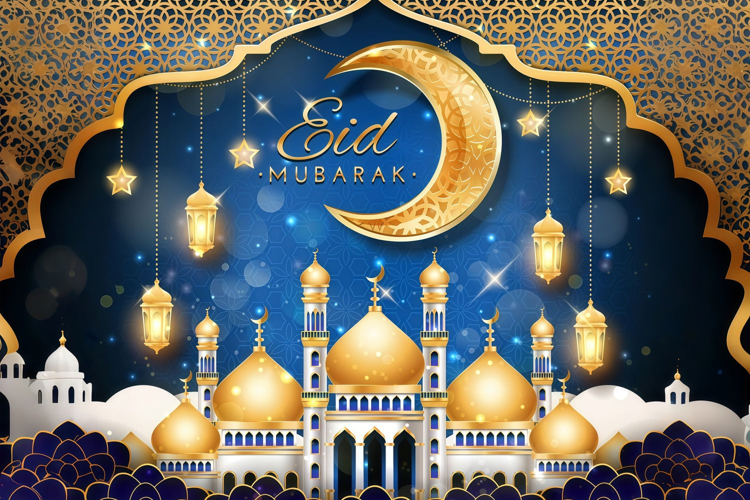 Toile de fond Eid Mubarak Mosquée Majestueuse Dorée Festive GQ3-99