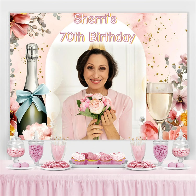 Toile de fond Anniversaire Personnalisée Champagne Rose Florale GQ4-13