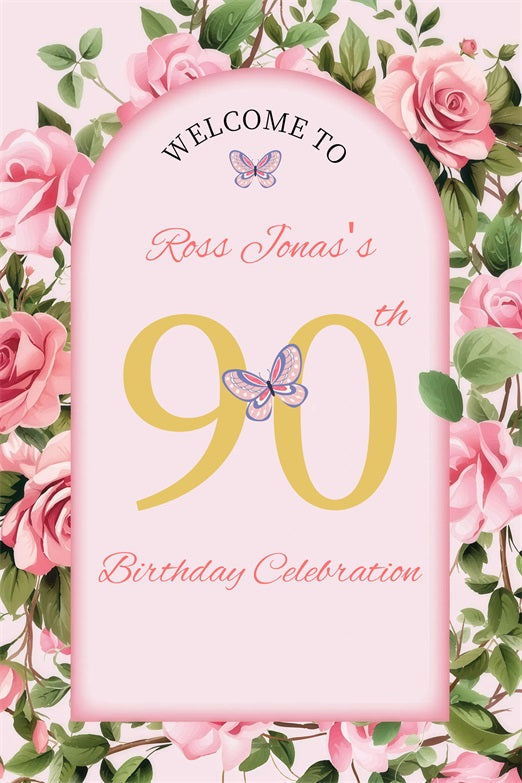 Toile de fond Anniversaire Personnalisée Arche Florale Bienvenue 90ème GQ4-16
