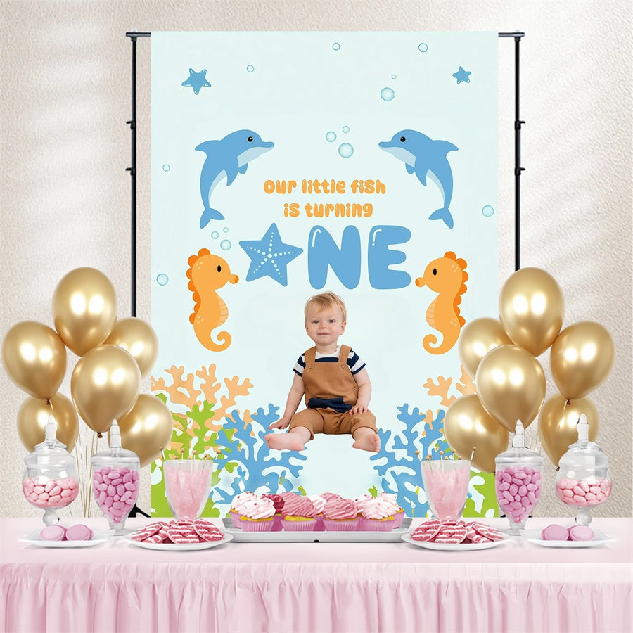 Toile de fond Anniversaire Personnalisé Bébés Animaux Marins GQ4-243