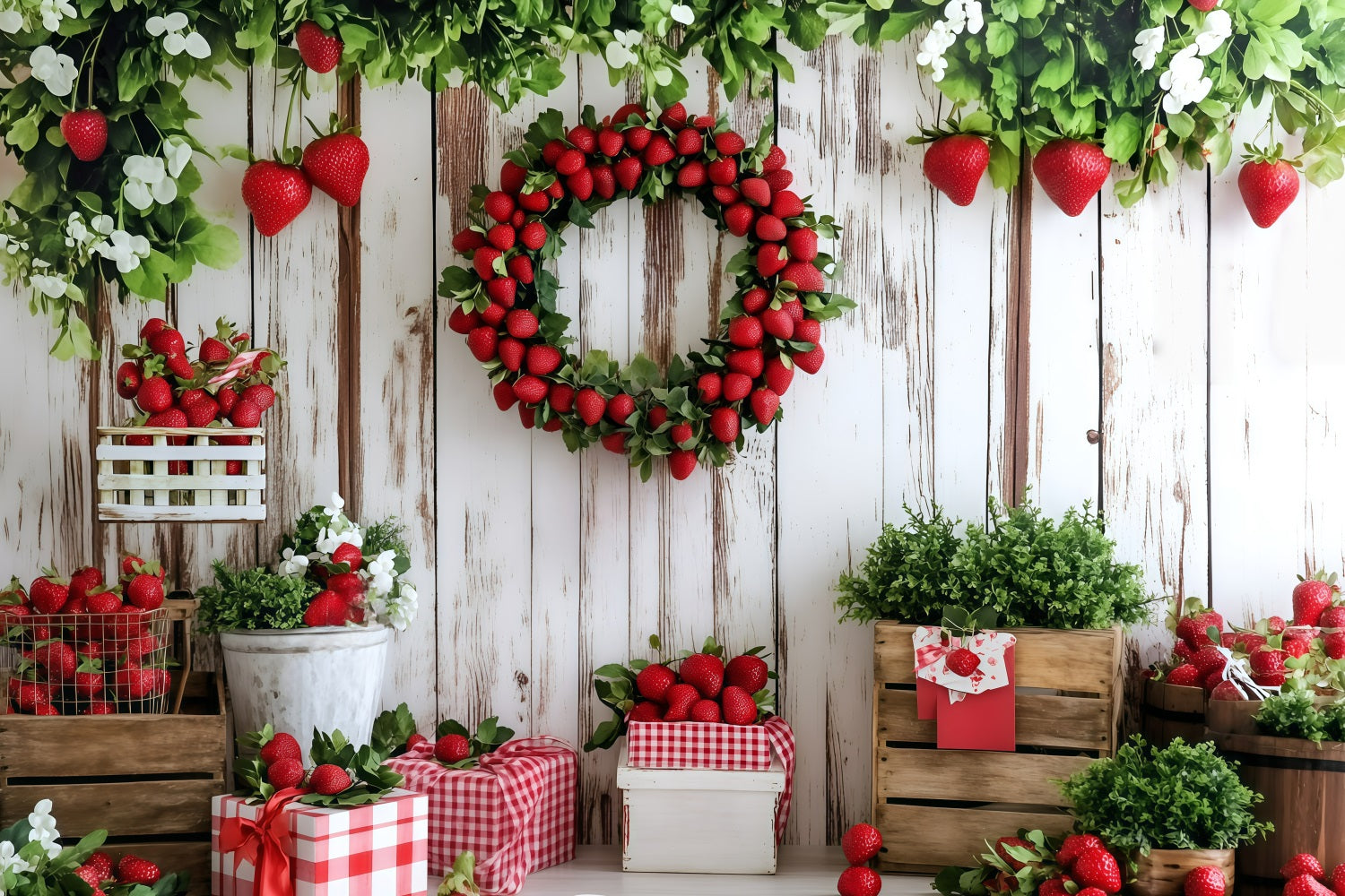 Toile de fond Été Couronne de Fraises Mur Bois GQ4-266