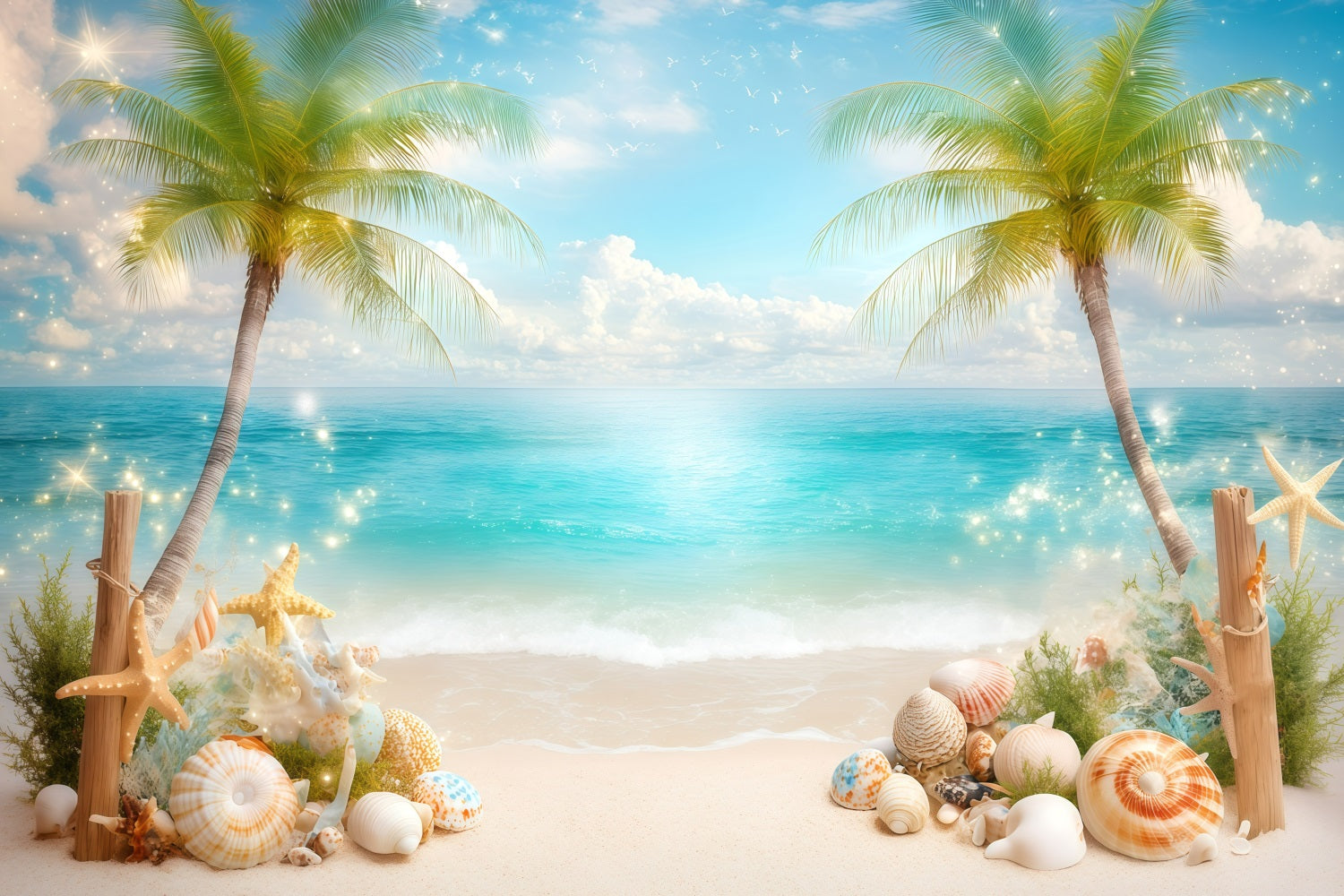 Toile de fond de Plage Été Coquillages Palmiers GQ4-271