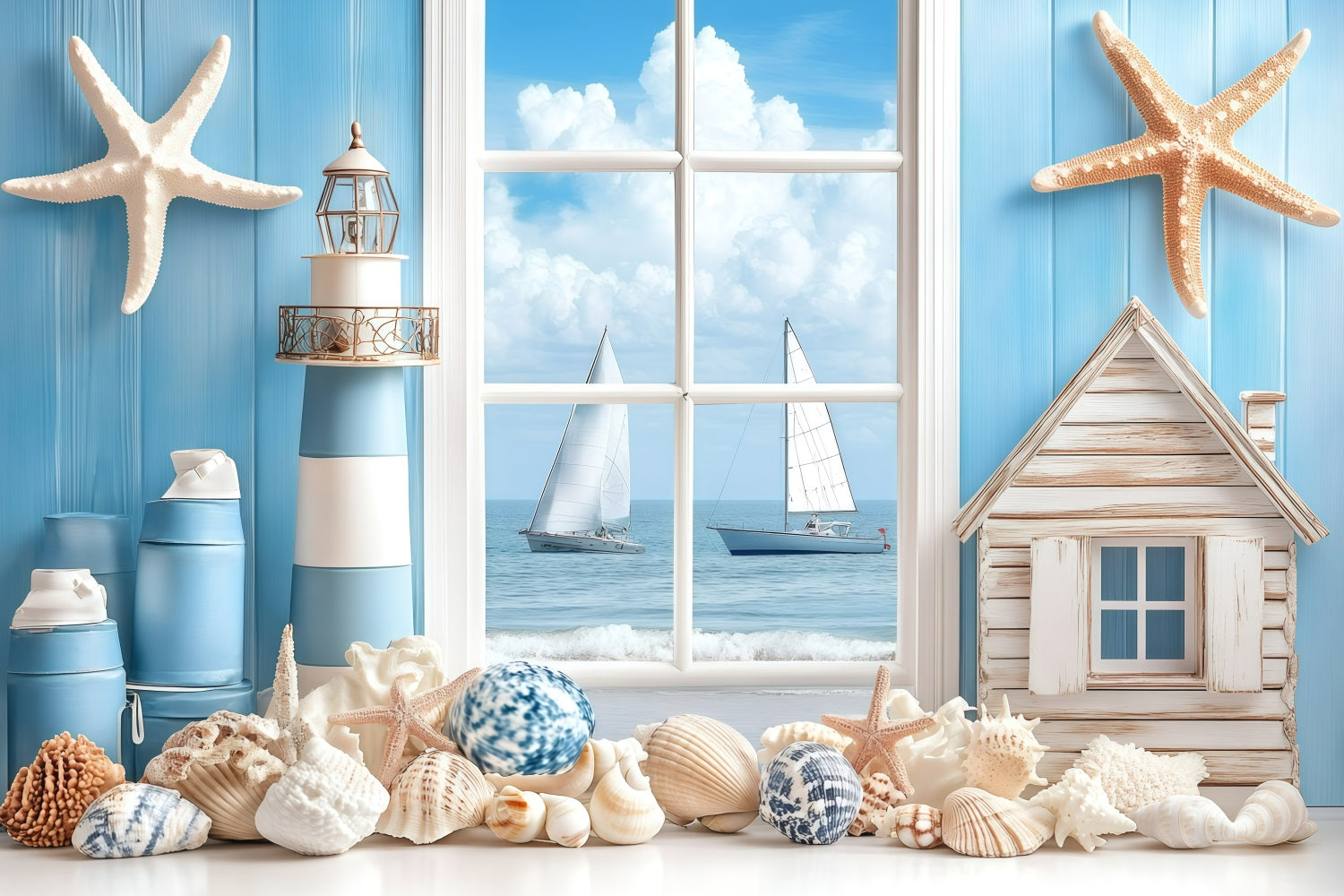 Toile de fond de Plage Été Fenêtre Côtière Voilier GQ4-279