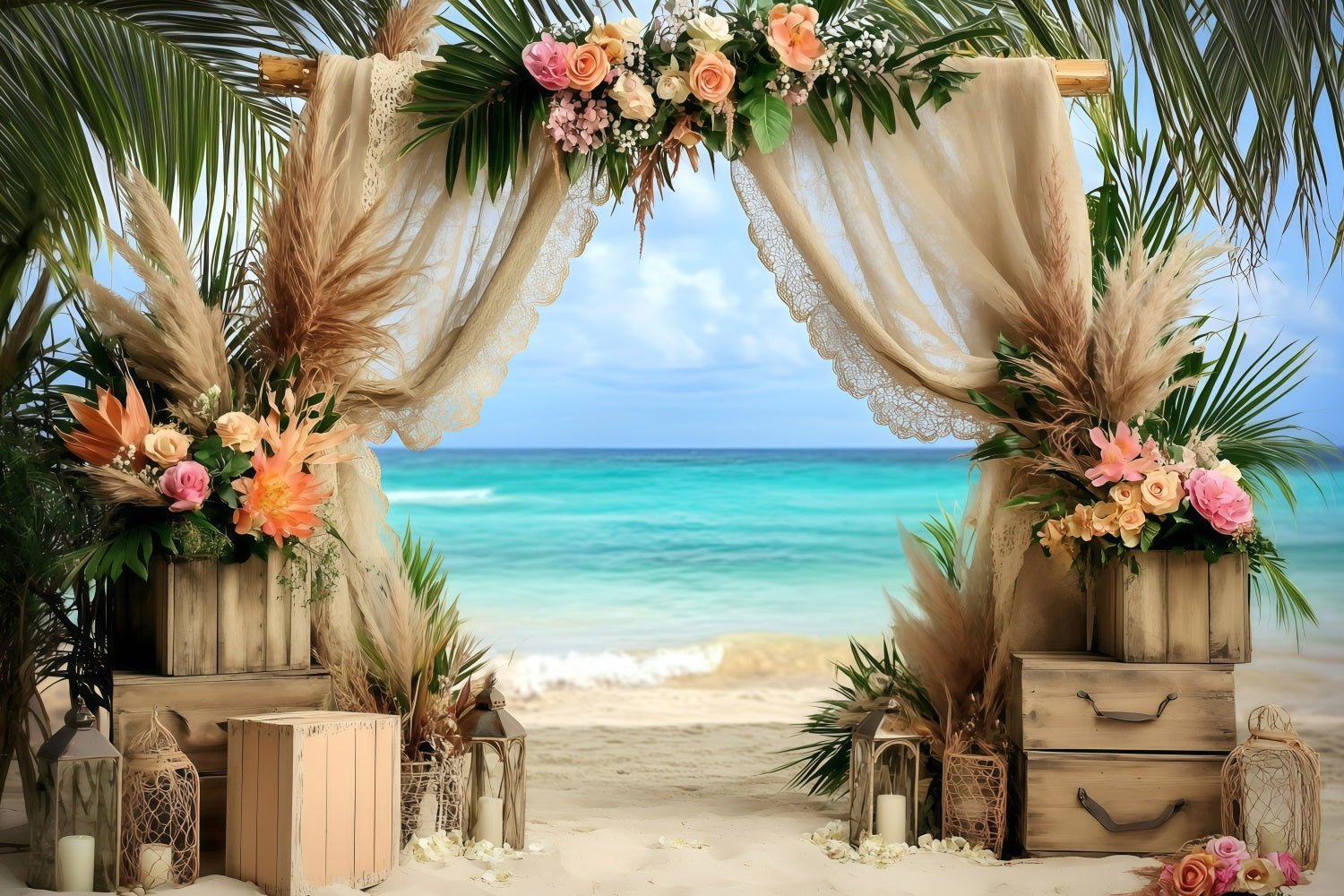 Toile de fond de Plage Été Arche Florale Mariage Boho GQ4-291