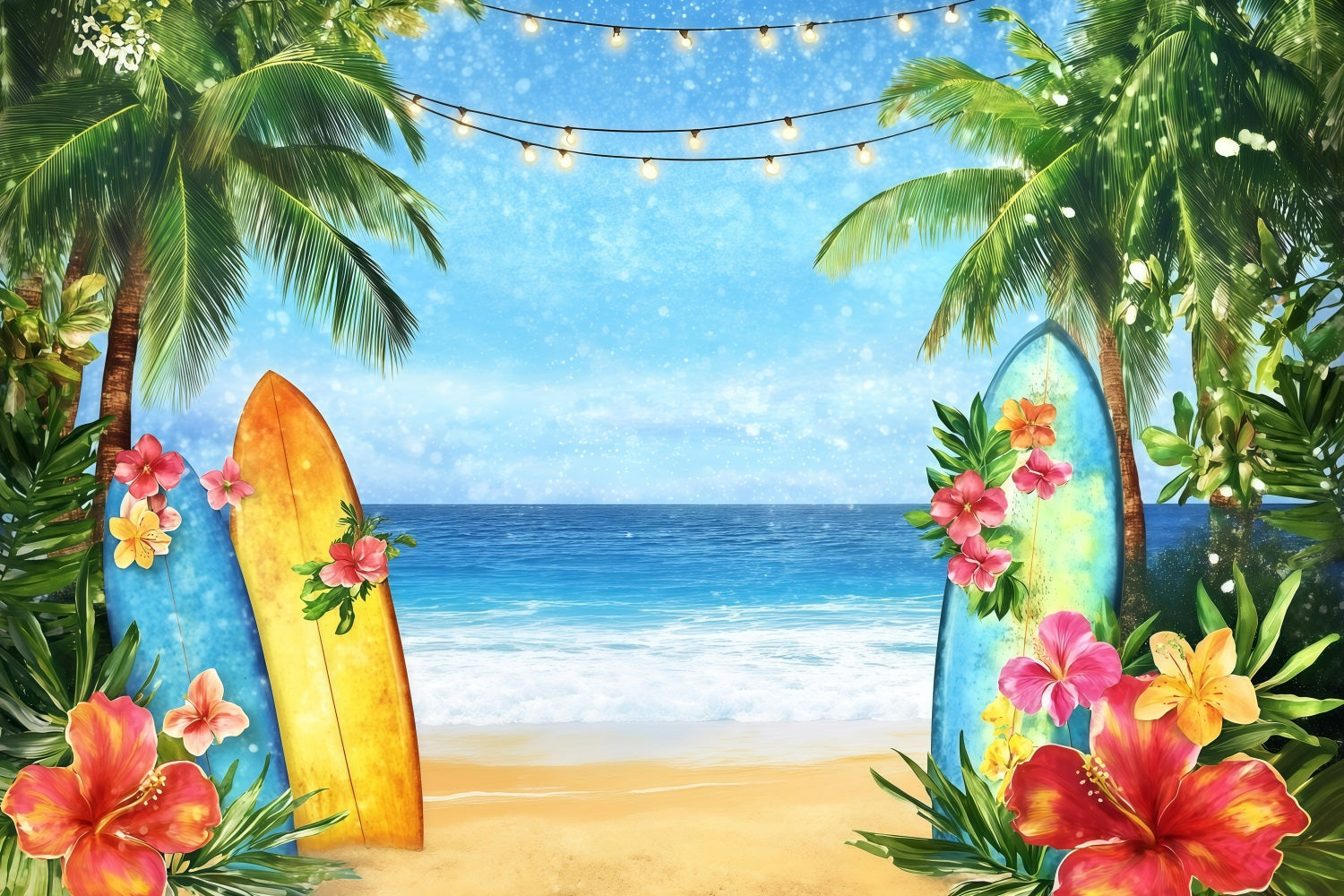 Toile de fond de Plage Été Planches Surf Plage Lumières Florales GQ4-294