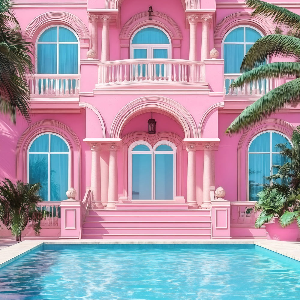 Toile de fond Été Maison Rose Piscine Tropicale GQ4-296