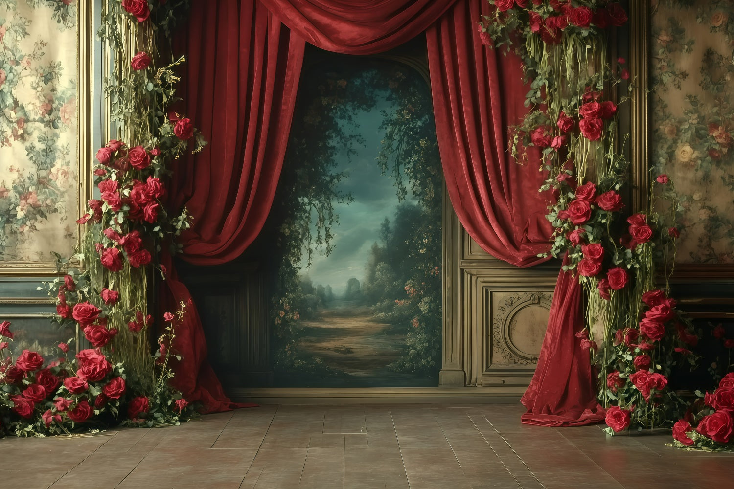 Toile de fond Rétro Photo Drapes Roses Rouges Romantiques Vintage GQ4-331