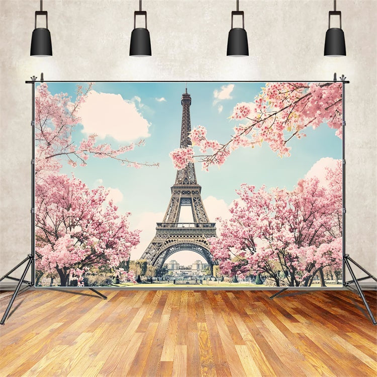Toile de fond Tour Eiffel Paris Cerisiers Romantiques en Fleurs GQ4-55