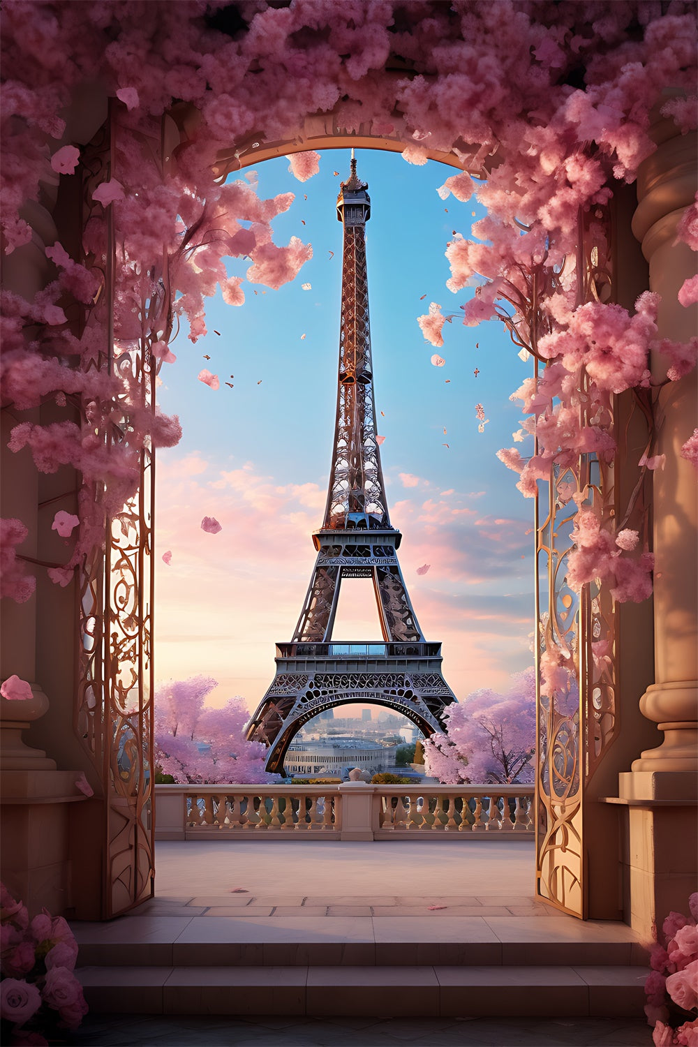 Toile de fond Photo Paris Balcon Fleuri Arche Vue GQ4-63