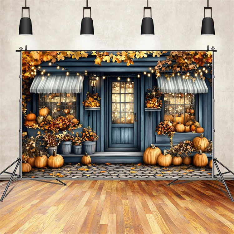 Toile de fond Automne Véranda Chalet Bleu Citrouilles GQ5-92