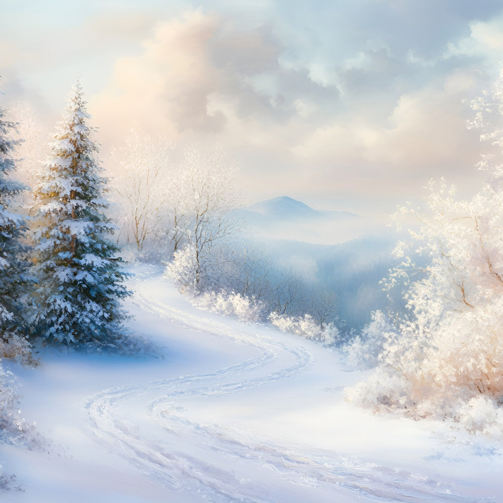 Toile de fond Hiver Vallée de Pins Givrés Sentier GQ57-138