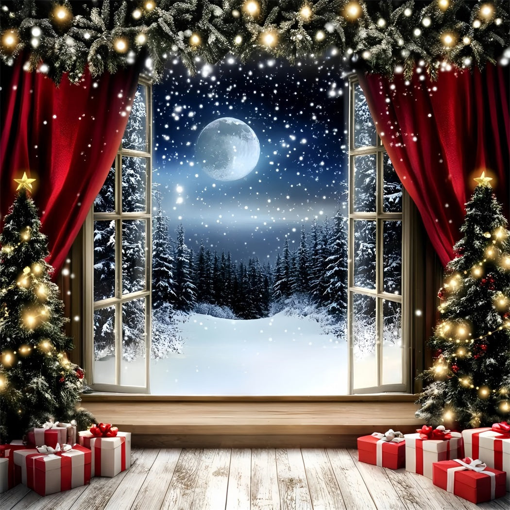 Toile de fond Noël Rideau Rouge et Nuit de Neige GQ58-41