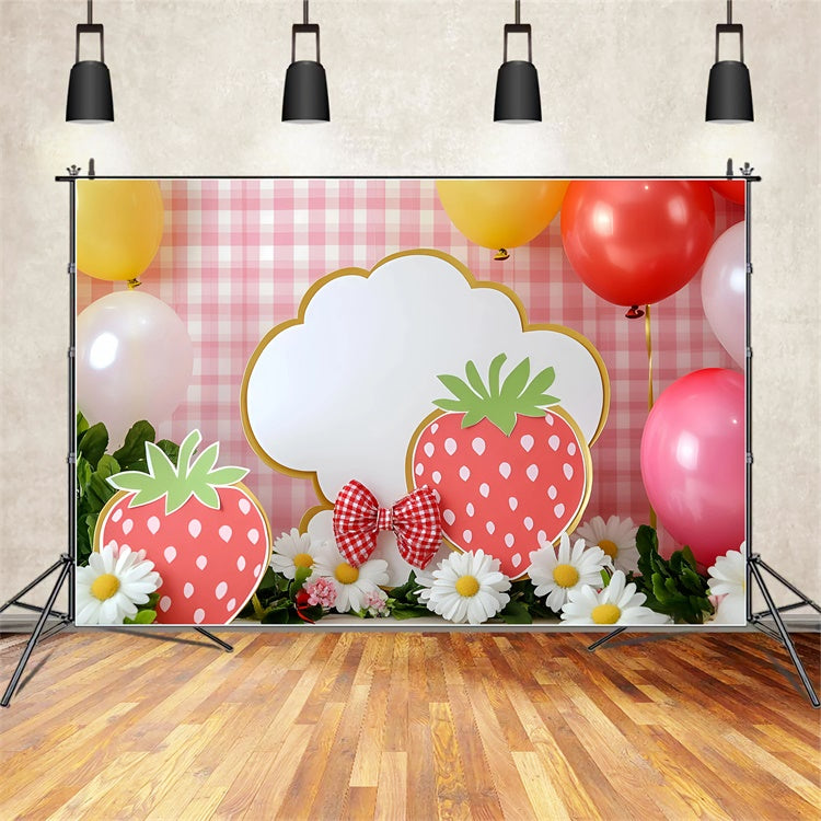 Toile de fond Décor Anniversaire 1 an Vichy Rose et Fraises GQ6-295