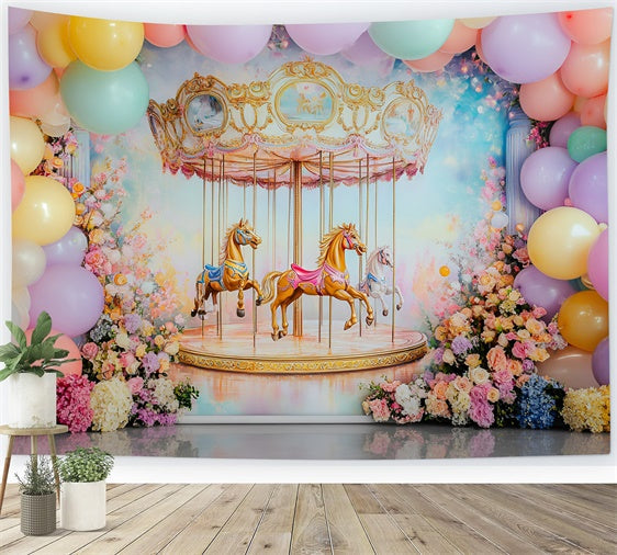 Toile de fond Décor Anniversaire 1 an Délire Fleuri Carrousel GQ6-316