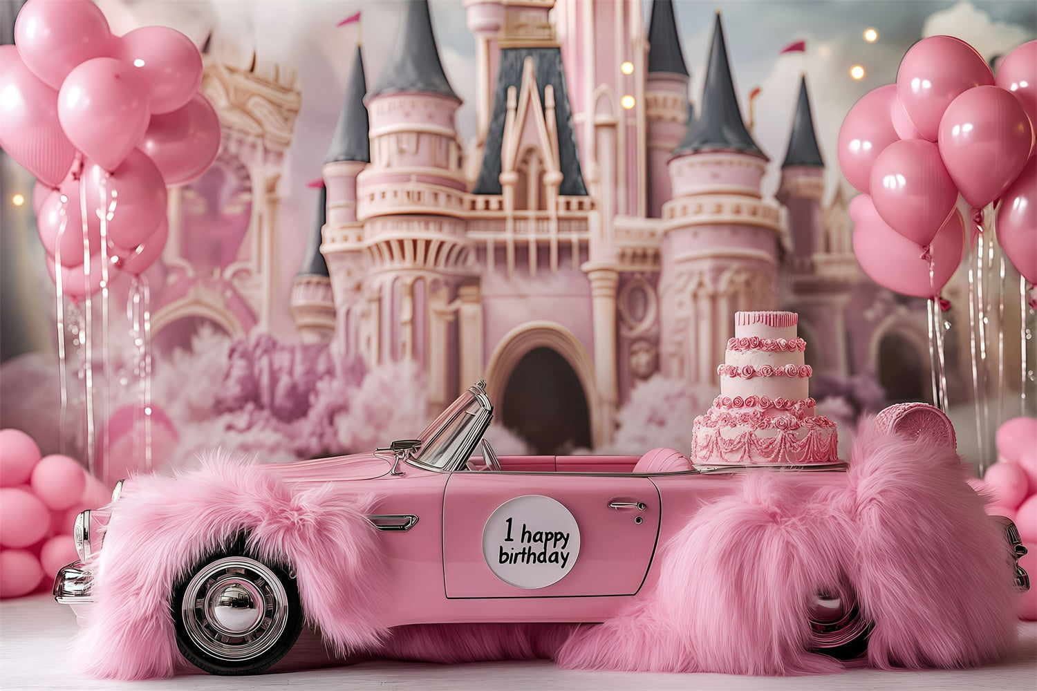 Toile de fond Photo Gâteau Smash Voiture Rose Château Magique GQ6-341