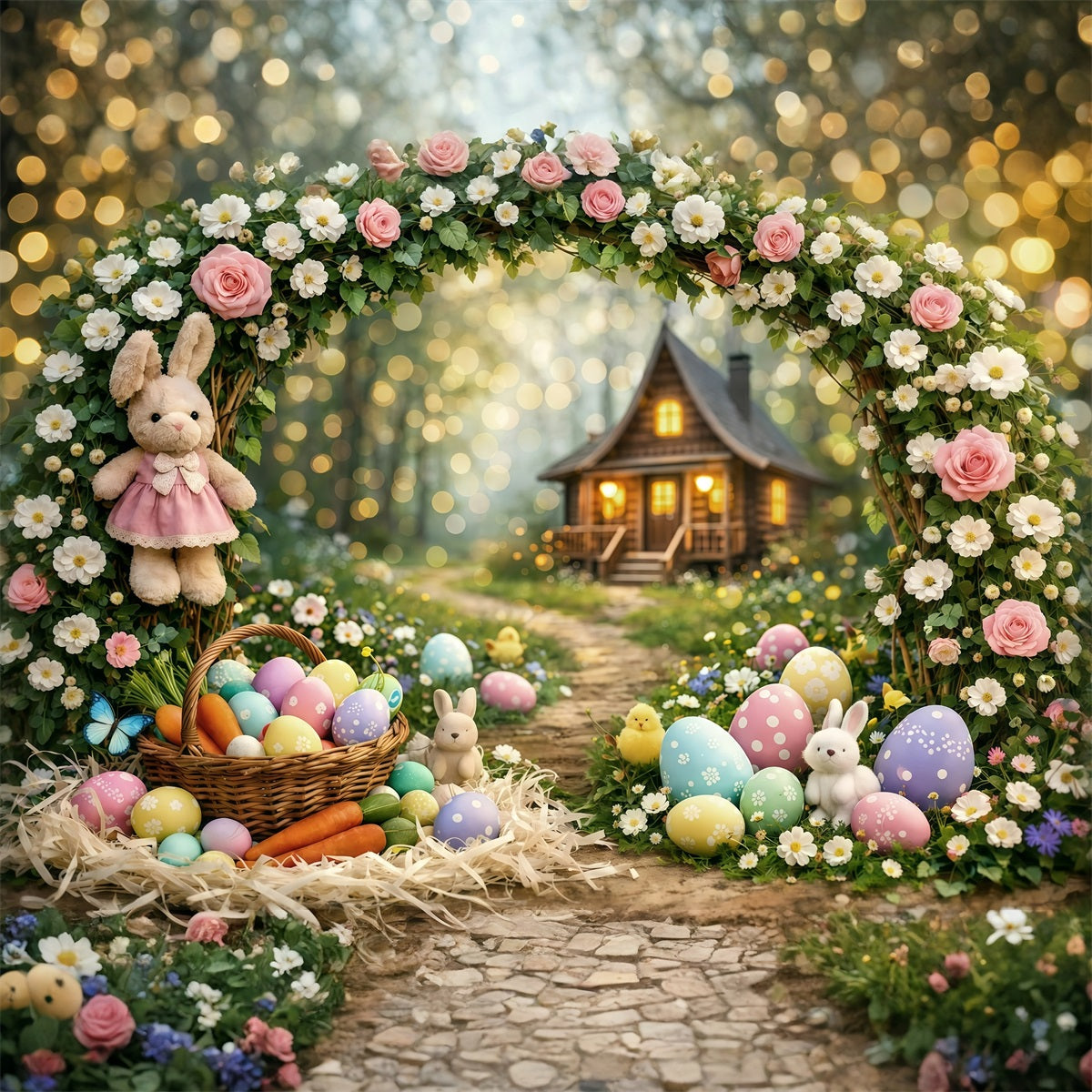 Toile de fond Pâques Cottage Lapin Forêt Enchantée GQ61-31