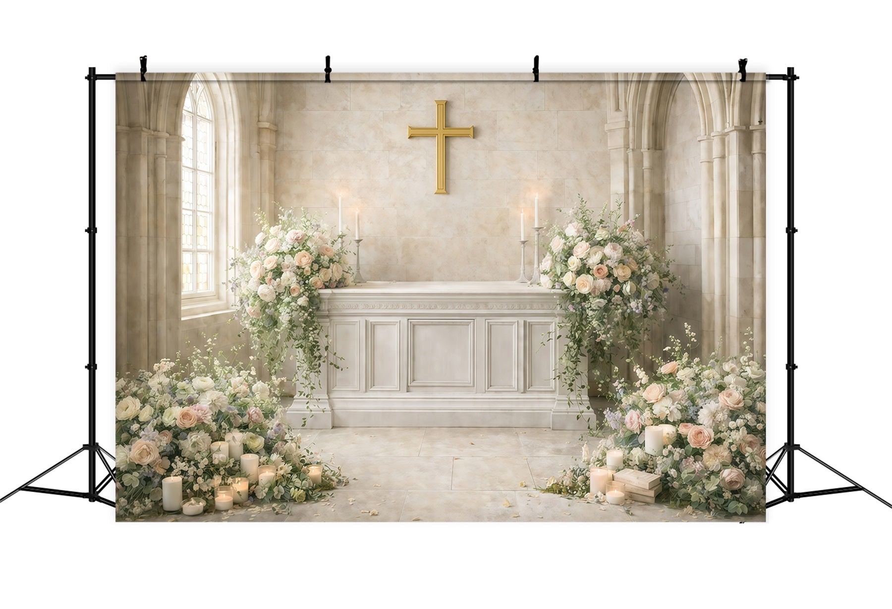 Toile de fond Pâques Croix Sacrée Église Fleurs GQ61-35