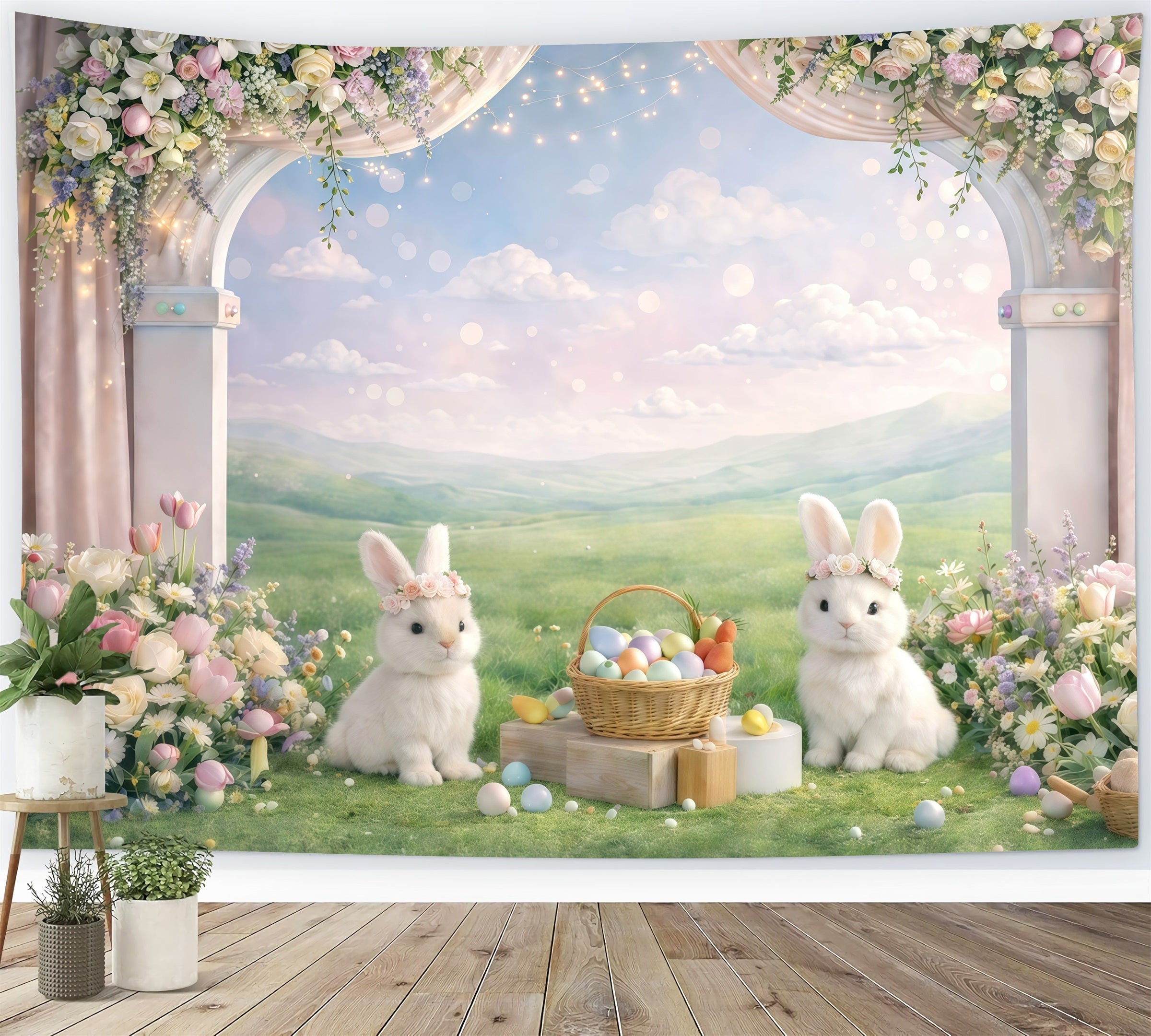 Fond de Pâques Arche Jardin Lapin Prairie GQ61-41