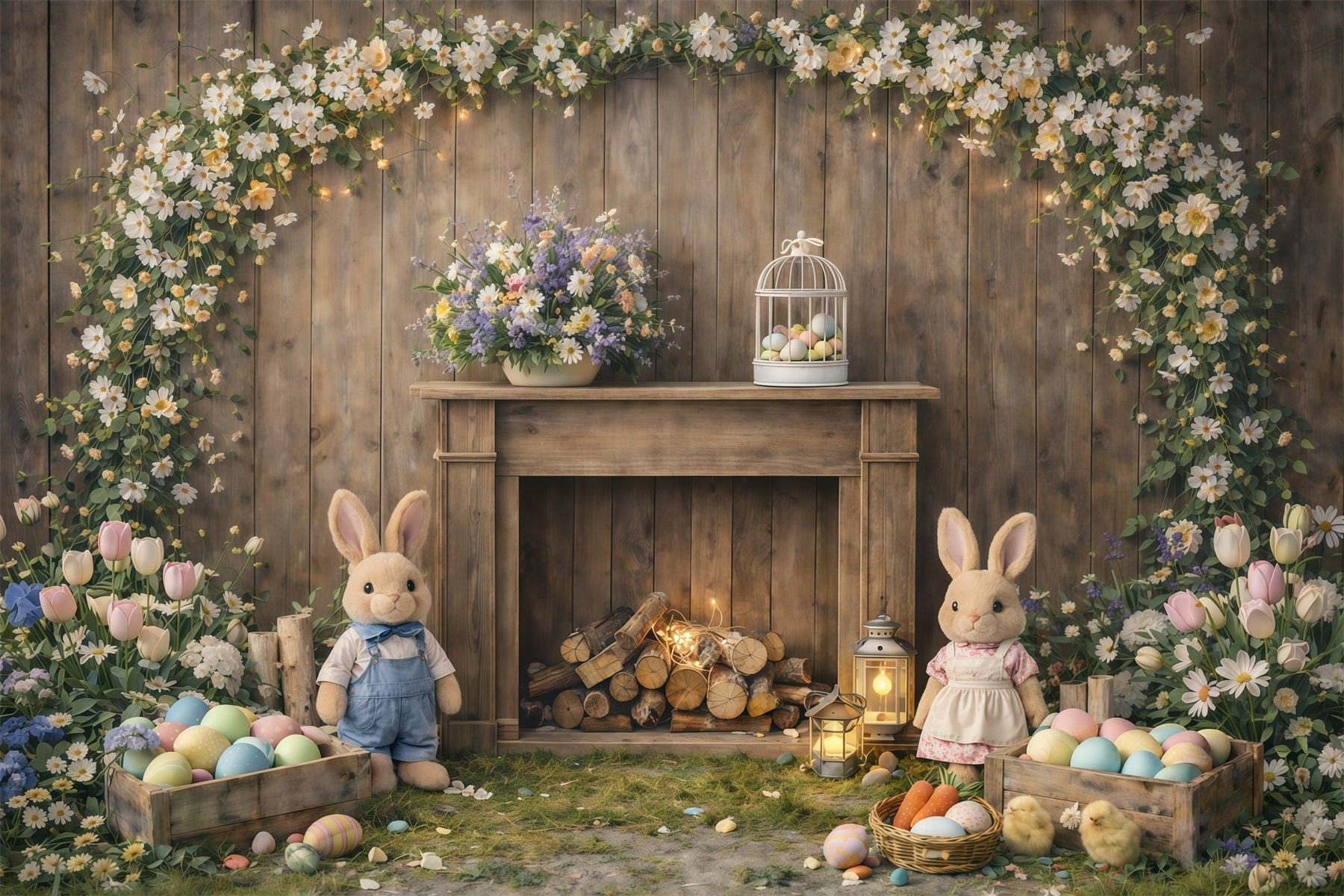 Fond de Pâques Manteau Rustique Lapin Fleurs GQ61-45