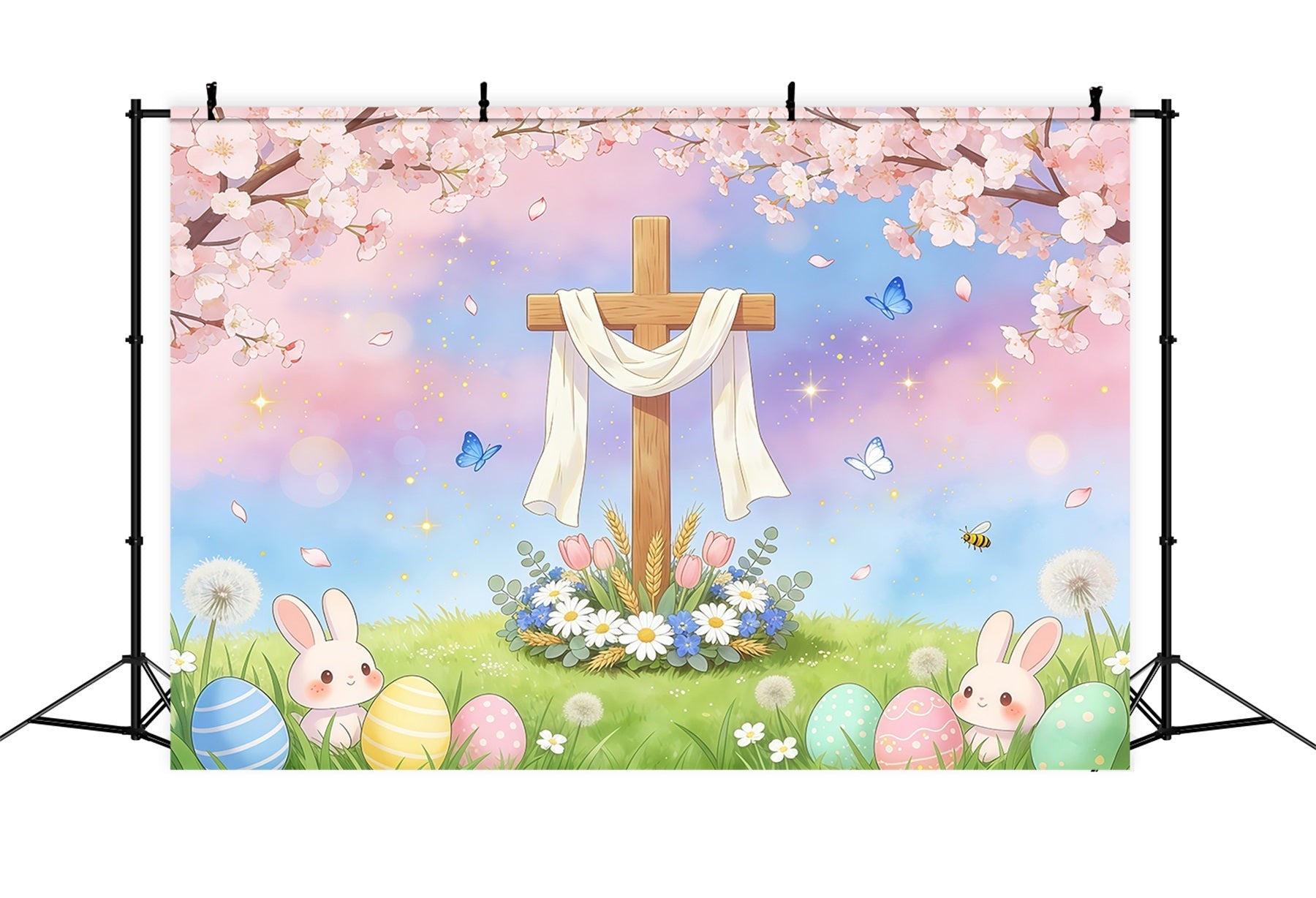 Toile de fond de Pâques Croix Lapin Œuf Ciel Pastel GQ61-56