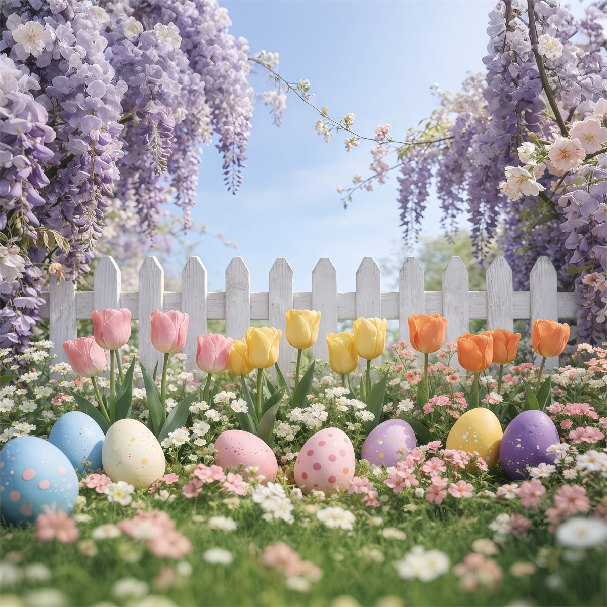 Toile de fond de Pâques Jardin Tulipees Lavande Œuf GQ61-60