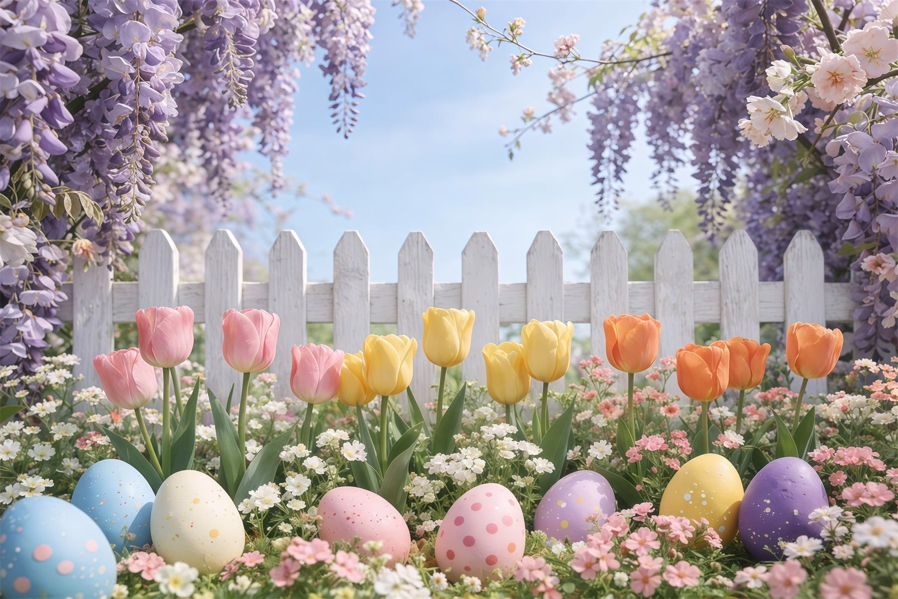 Toile de fond de Pâques Jardin Tulipees Lavande Œuf GQ61-60