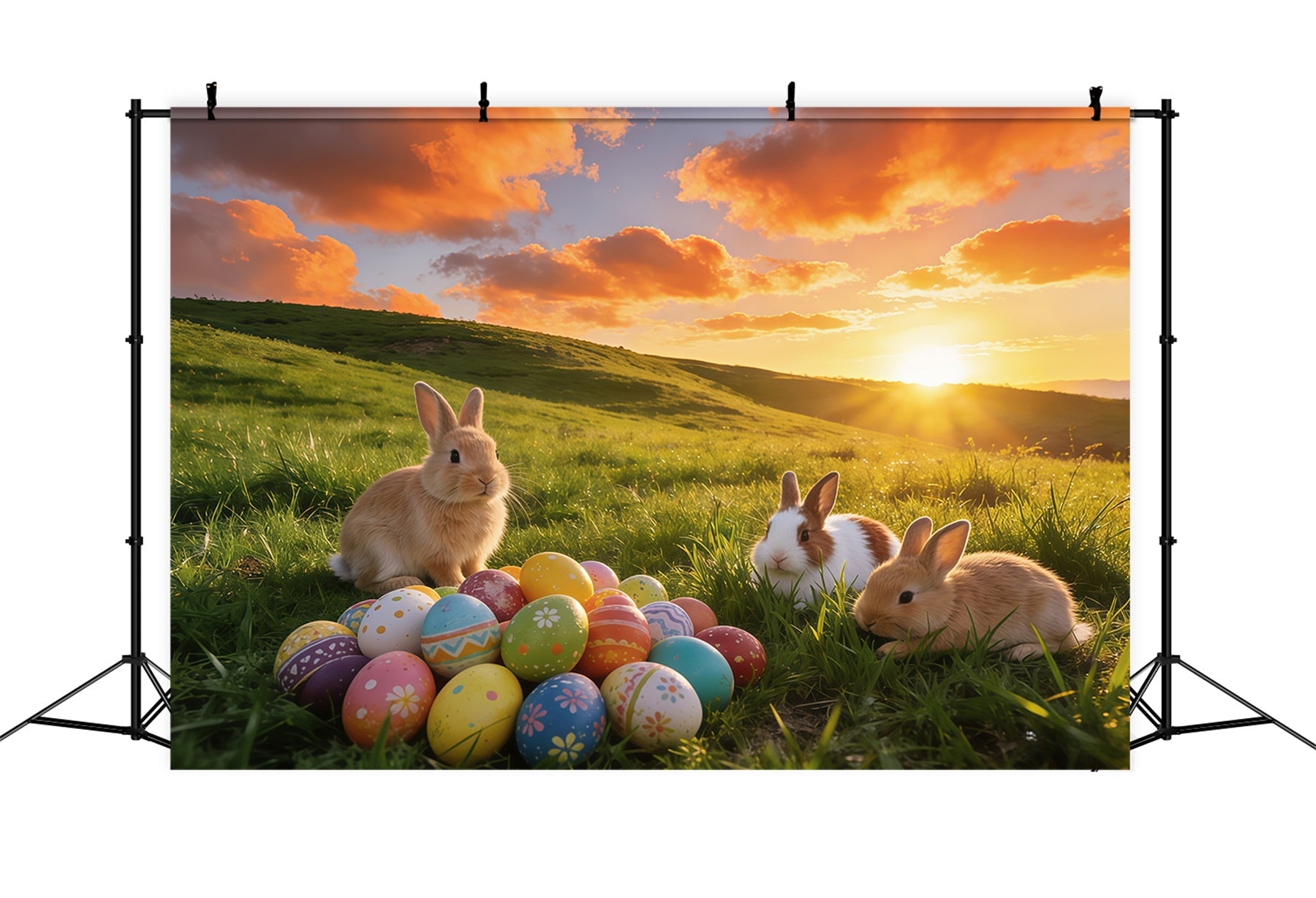 Toile de fond de Pâques Rassemblement Lapins Prairie Œufs GQ61-64