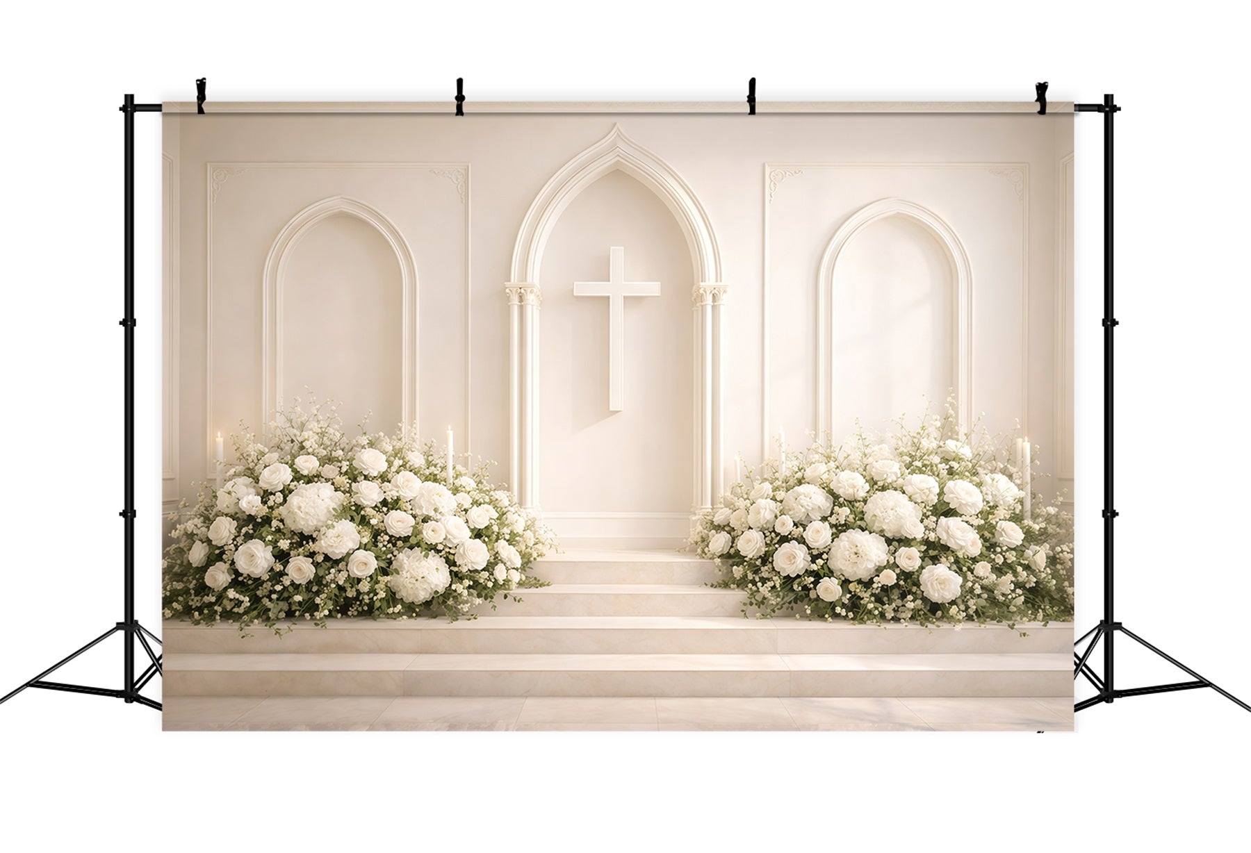Toile de fond de Pâques Croix Église Fleurs Blanches GQ61-8