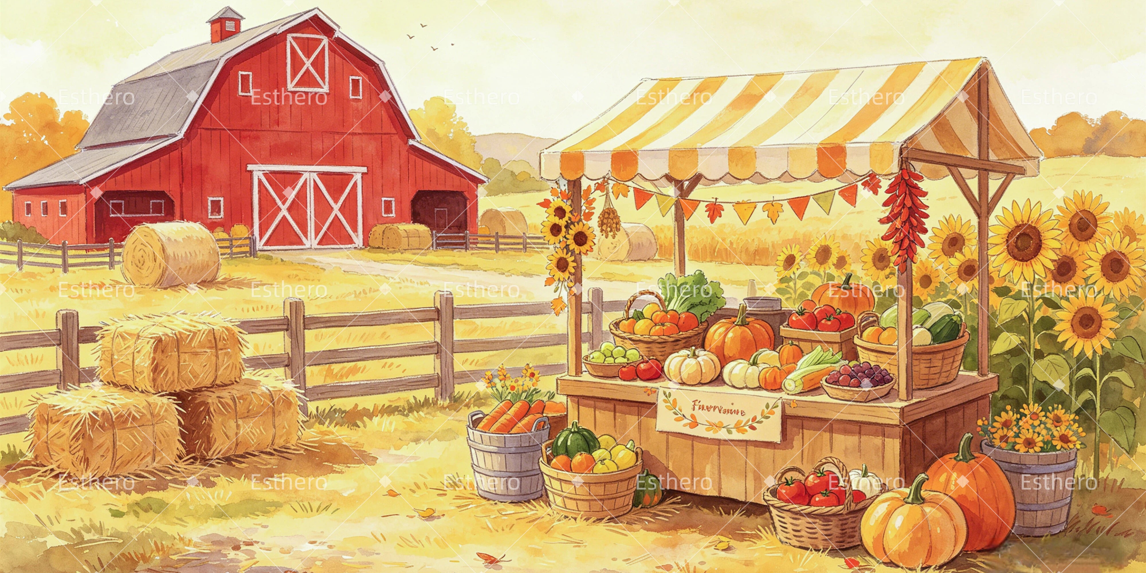 Toile de fond marché fermier récolte automne grange rustique décor VBS GQ64-T15