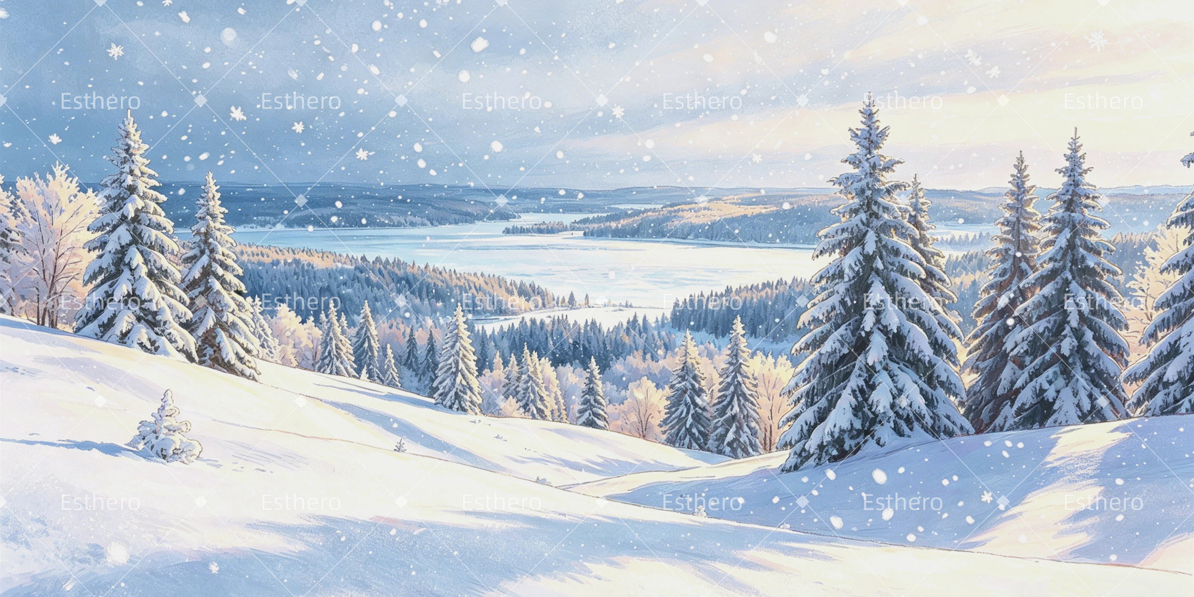 Toile de fond paysage enneigé forêt pins vallée décor VBS GQ64-T19