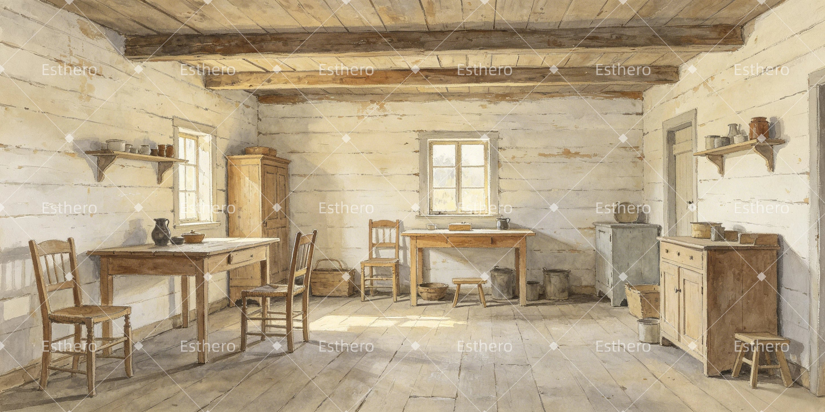 Toile de fond cabane en bois simple décor de théâtre GQ65-T35