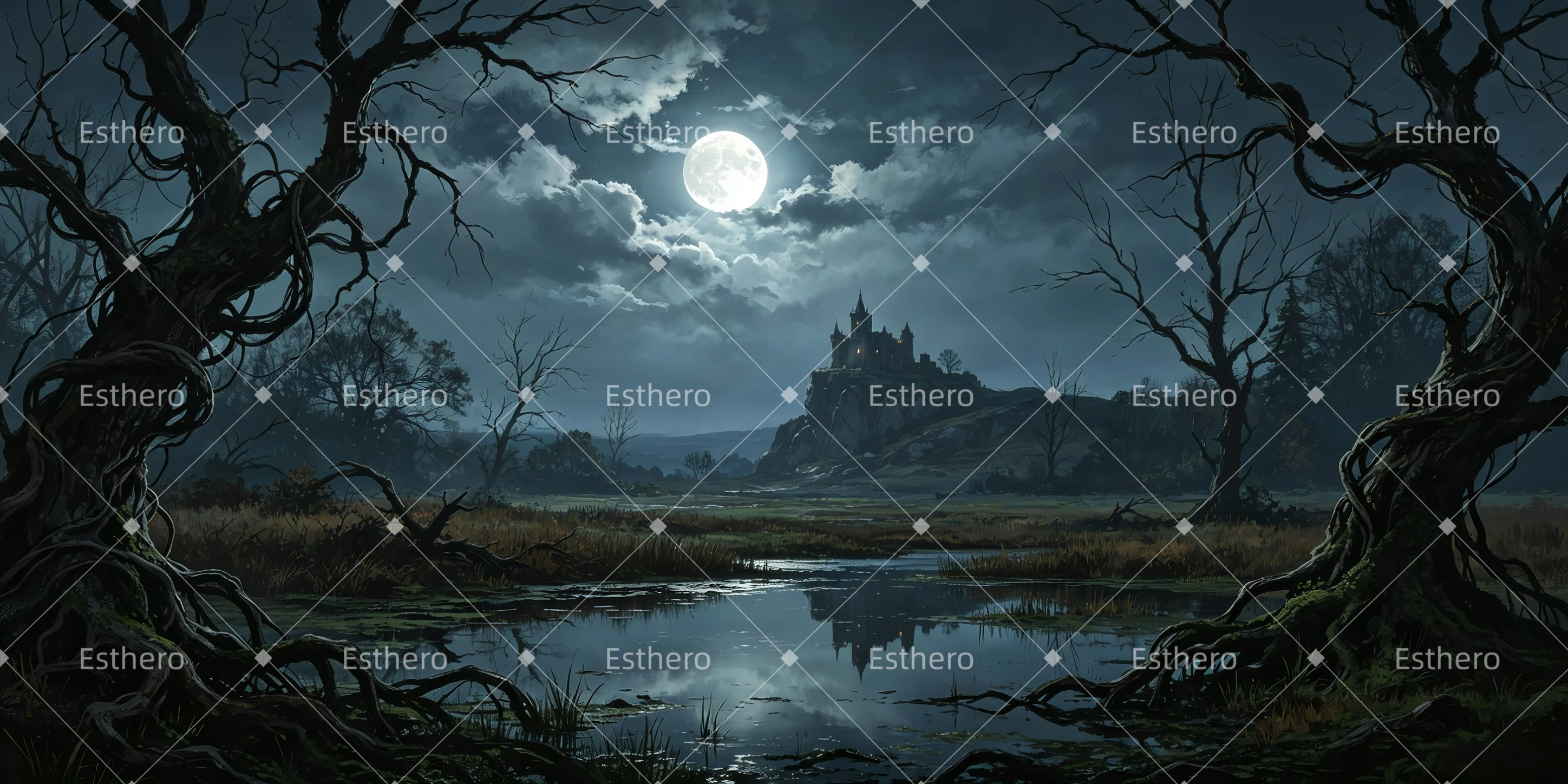 Toile de fond de théâtre lac nocturne au clair de lune GQ65-T74