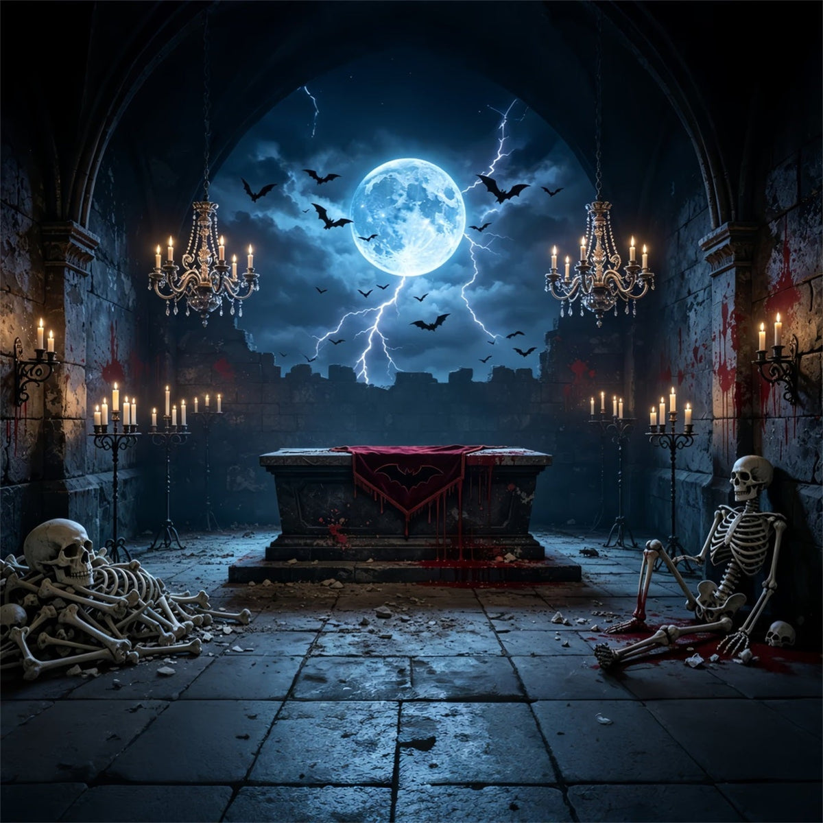 Décor De Vampire Avec Autel De Squelette Ensanglanté Au Clair De LuneIdéal Pour D'Halloween GQ67-100