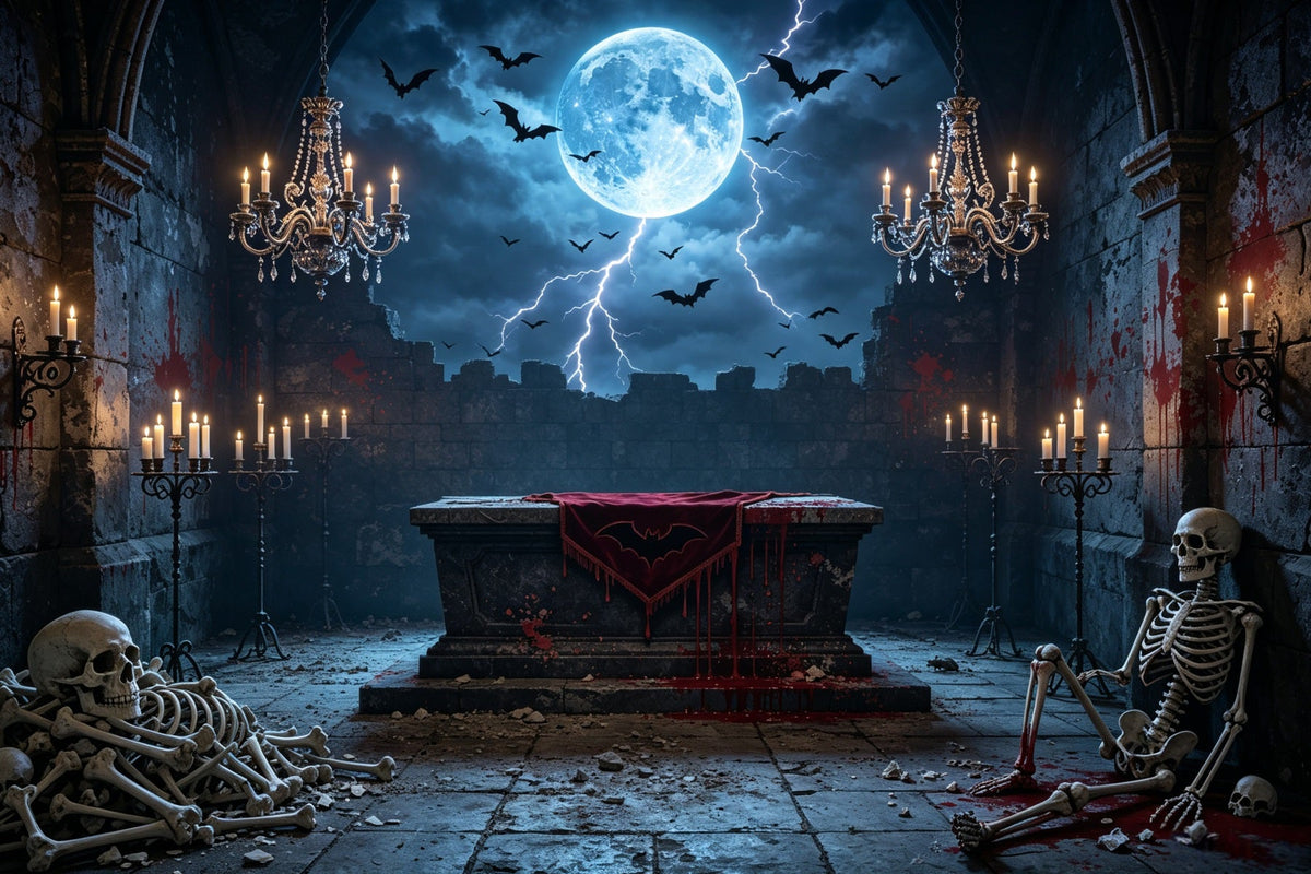 Décor De Vampire Avec Autel De Squelette Ensanglanté Au Clair De LuneIdéal Pour D'Halloween GQ67-100