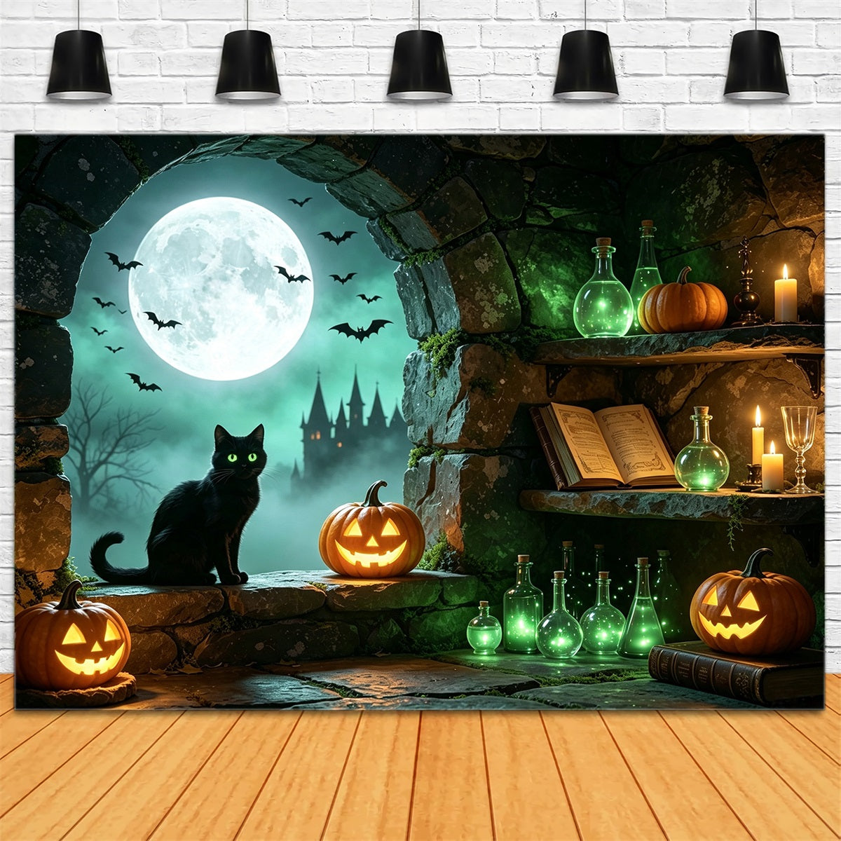 Fond Photo Antre De Sorcière Avec Chat Au Clair De Lune Alcôve De Potion Et Bûcheron GQ67-101