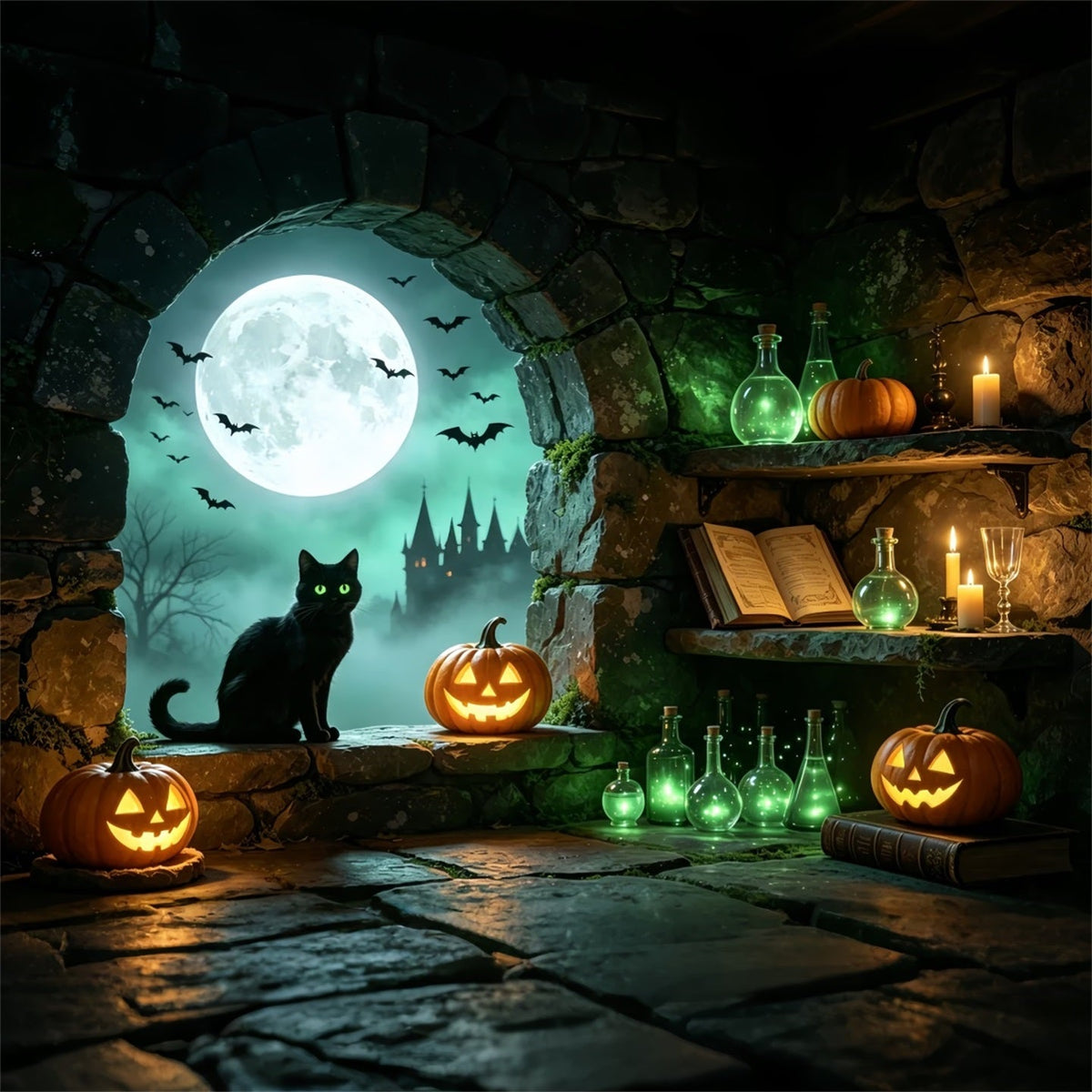 Fond Photo Antre De Sorcière Avec Chat Au Clair De Lune Alcôve De Potion Et Bûcheron GQ67-101