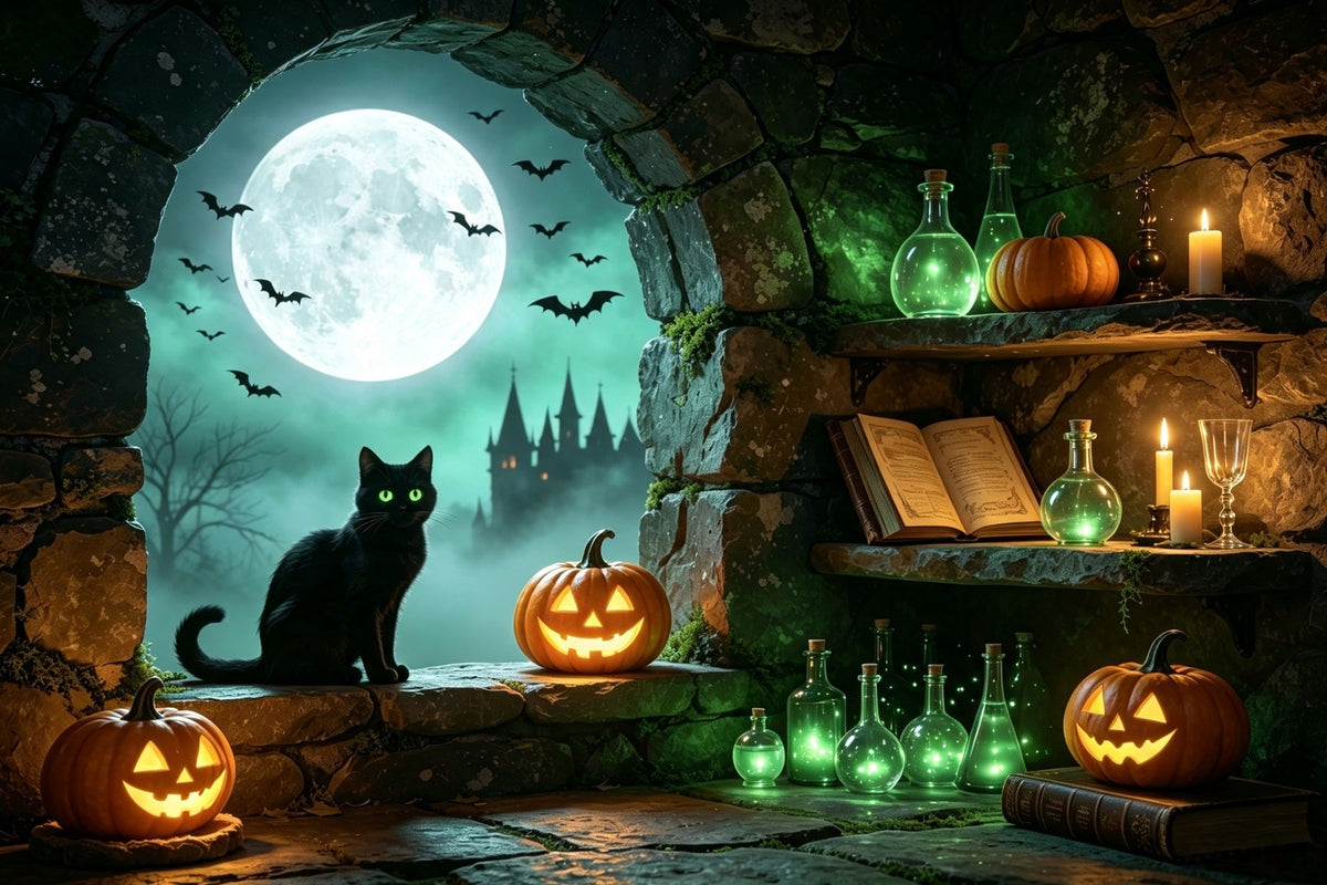Fond Photo Antre De Sorcière Avec Chat Au Clair De Lune Alcôve De Potion Et Bûcheron GQ67-101