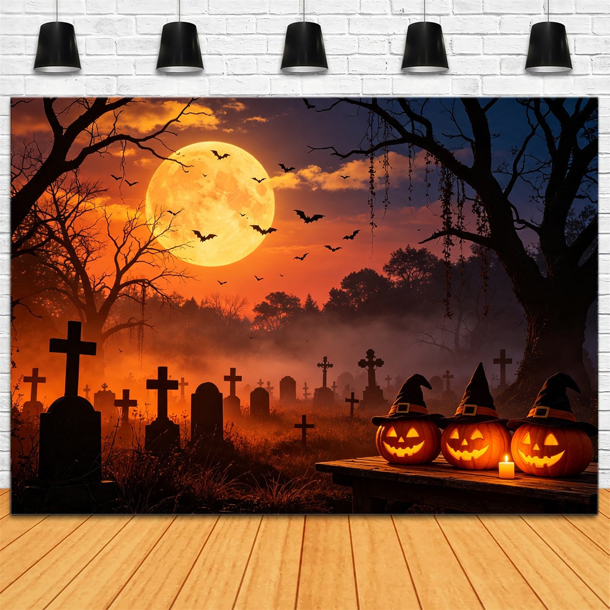 Décor De Grotte Aux Chauves-SourisCoucher De Soleil Sorcière Citrouille Cimetière Photos D'Halloween GQ67-105